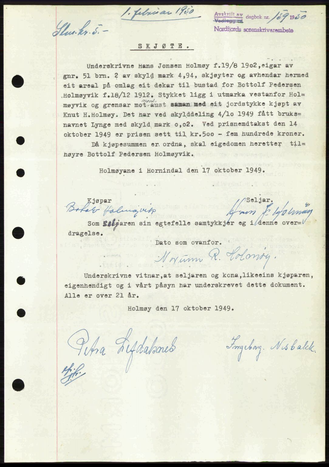 Nordfjord sorenskriveri, SAB/A-2801/02/02b/02bj/L0016a: Mortgage book no. A16 I, 1949-1950, Diary no: : 159/1950