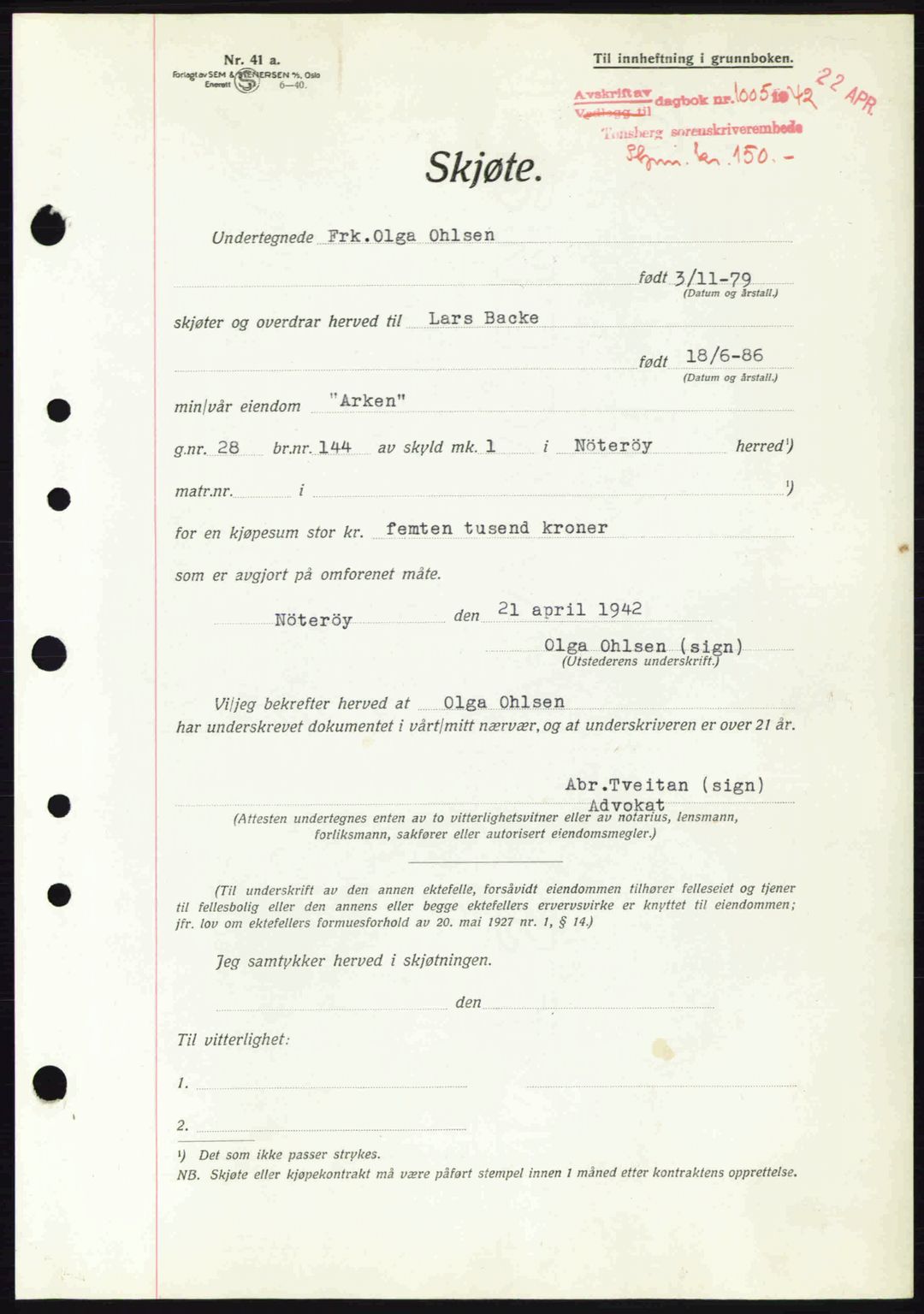 Tønsberg sorenskriveri, AV/SAKO-A-130/G/Ga/Gaa/L0011: Mortgage book no. A11, 1941-1942, Diary no: : 1005/1942