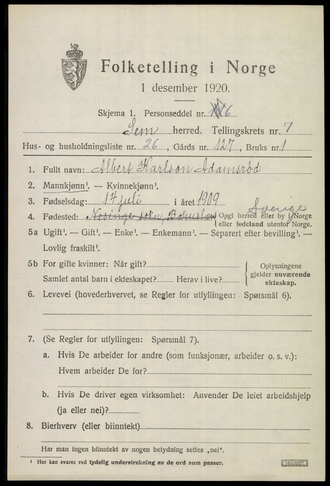 SAKO, 1920 census for Sem, 1920, p. 10573