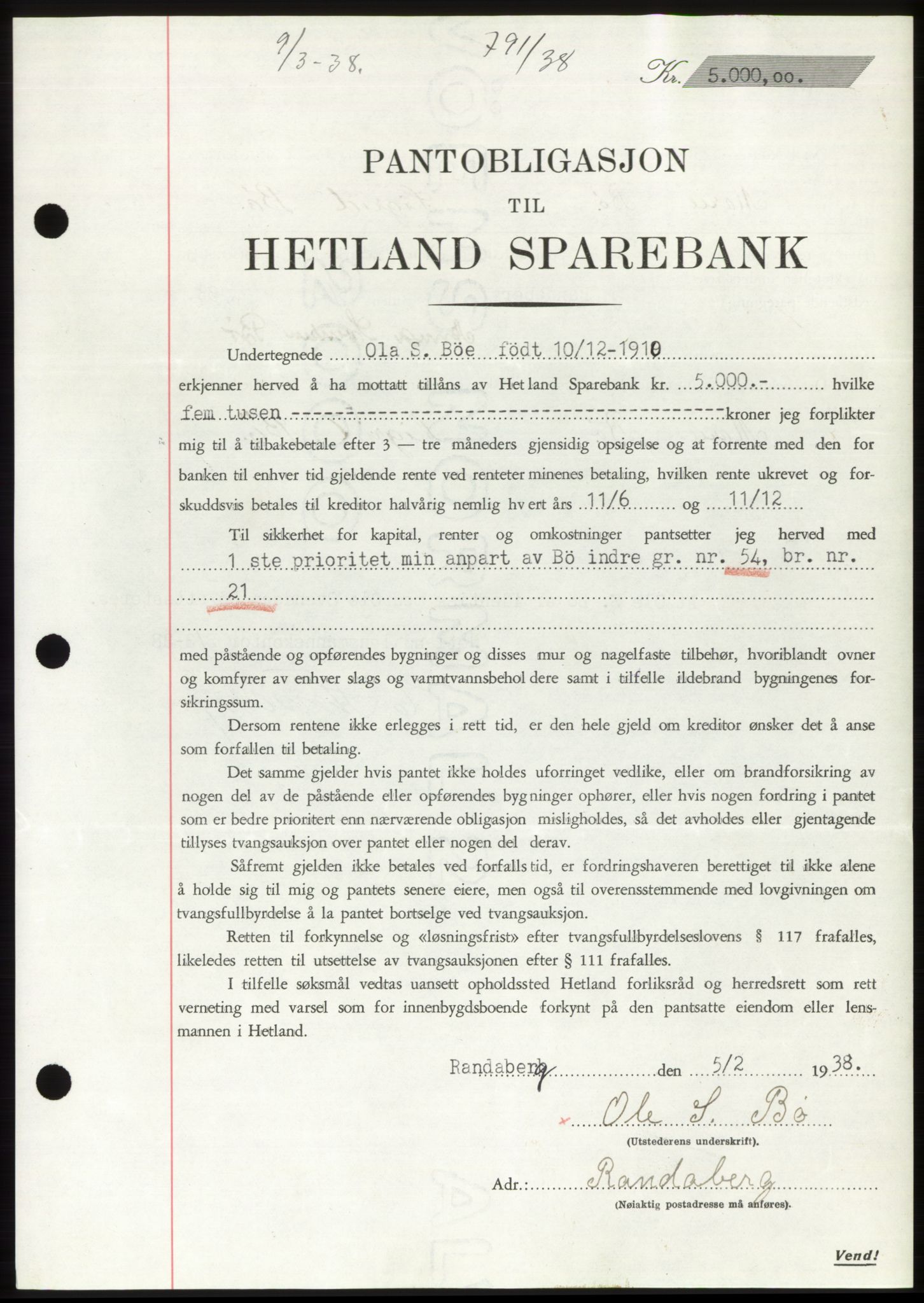 Jæren sorenskriveri, SAST/A-100310/03/G/Gba/L0070: Mortgage book, 1938-1938, Diary no: : 791/1938