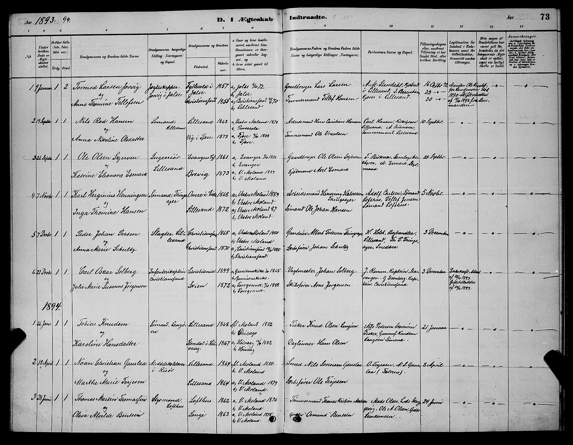 Vestre Moland sokneprestkontor, SAK/1111-0046/F/Fb/Fba/L0001: Parish register (copy) no. B 1, 1884-1903, p. 74