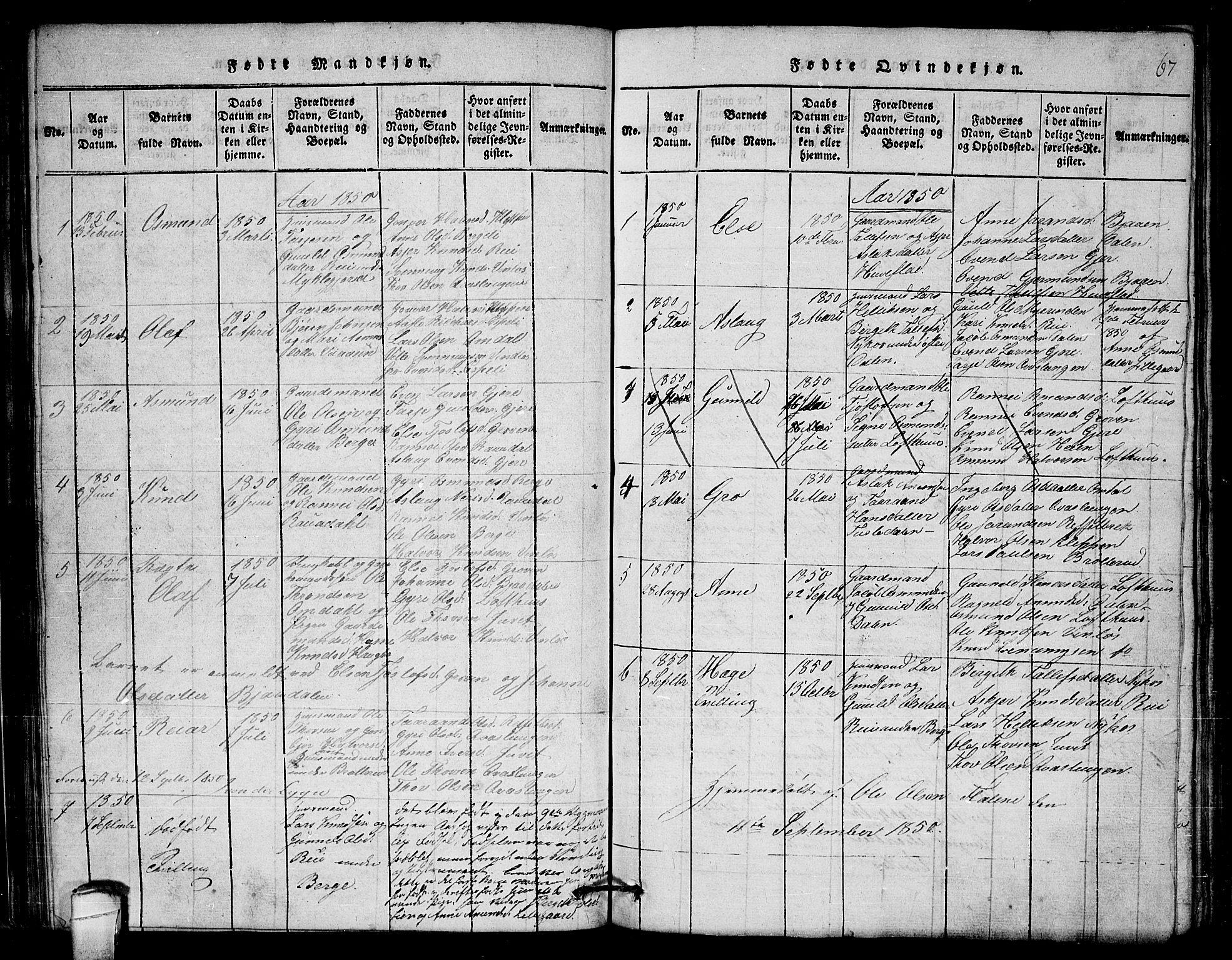Lårdal kirkebøker, SAKO/A-284/G/Gb/L0001: Parish register (copy) no. II 1, 1815-1865, p. 67