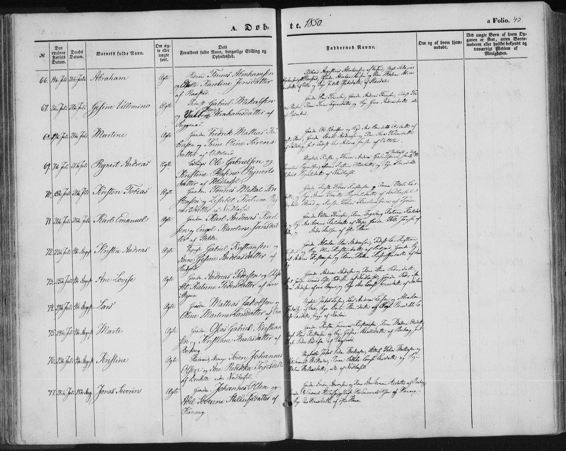 Lista sokneprestkontor, SAK/1111-0027/F/Fa/L0010: Parish register (official) no. A 10, 1846-1861, p. 45