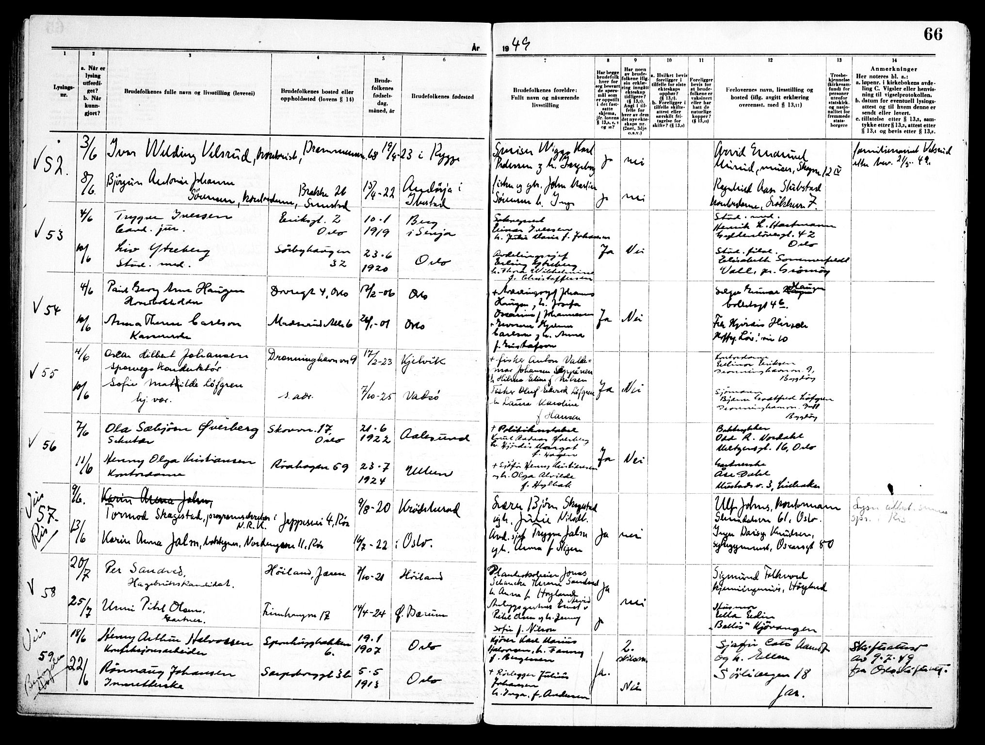 Ullern prestekontor Kirkebøker, AV/SAO-A-10740/H/L0005: Banns register no. 5, 1946-1951, p. 66