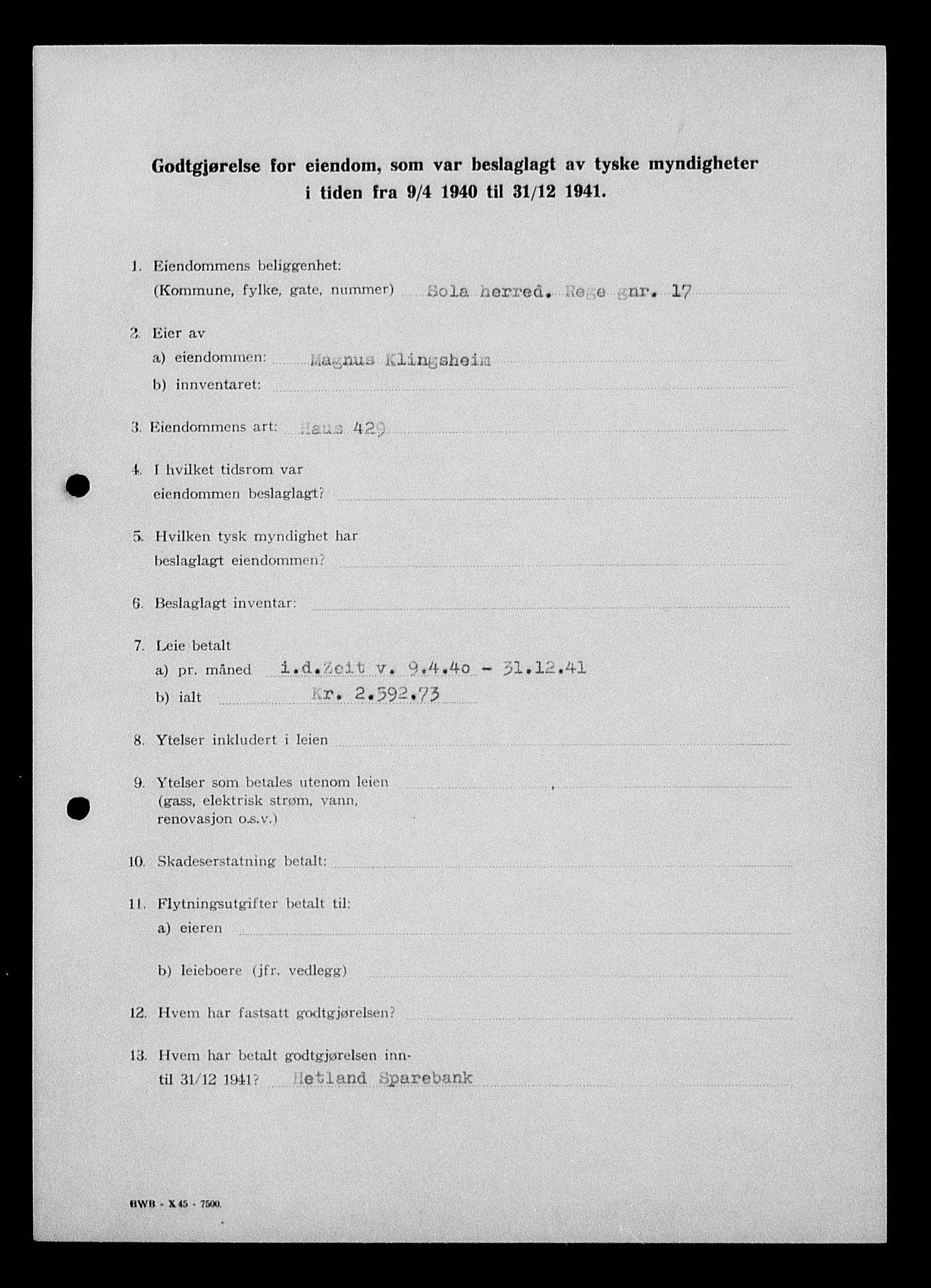 Justisdepartementet, Tilbakeføringskontoret for inndratte formuer, AV/RA-S-1564/I/L1014: Godtgjørelse for beslaglagt eiendom, 1940-1941, p. 420