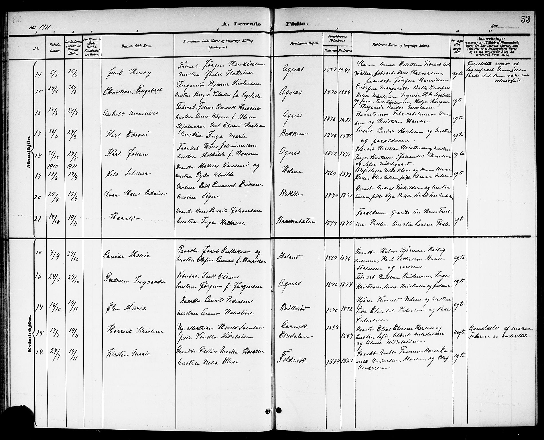 Brunlanes kirkebøker, AV/SAKO-A-342/G/Ga/L0004: Parish register (copy) no. I 4, 1898-1921, p. 53