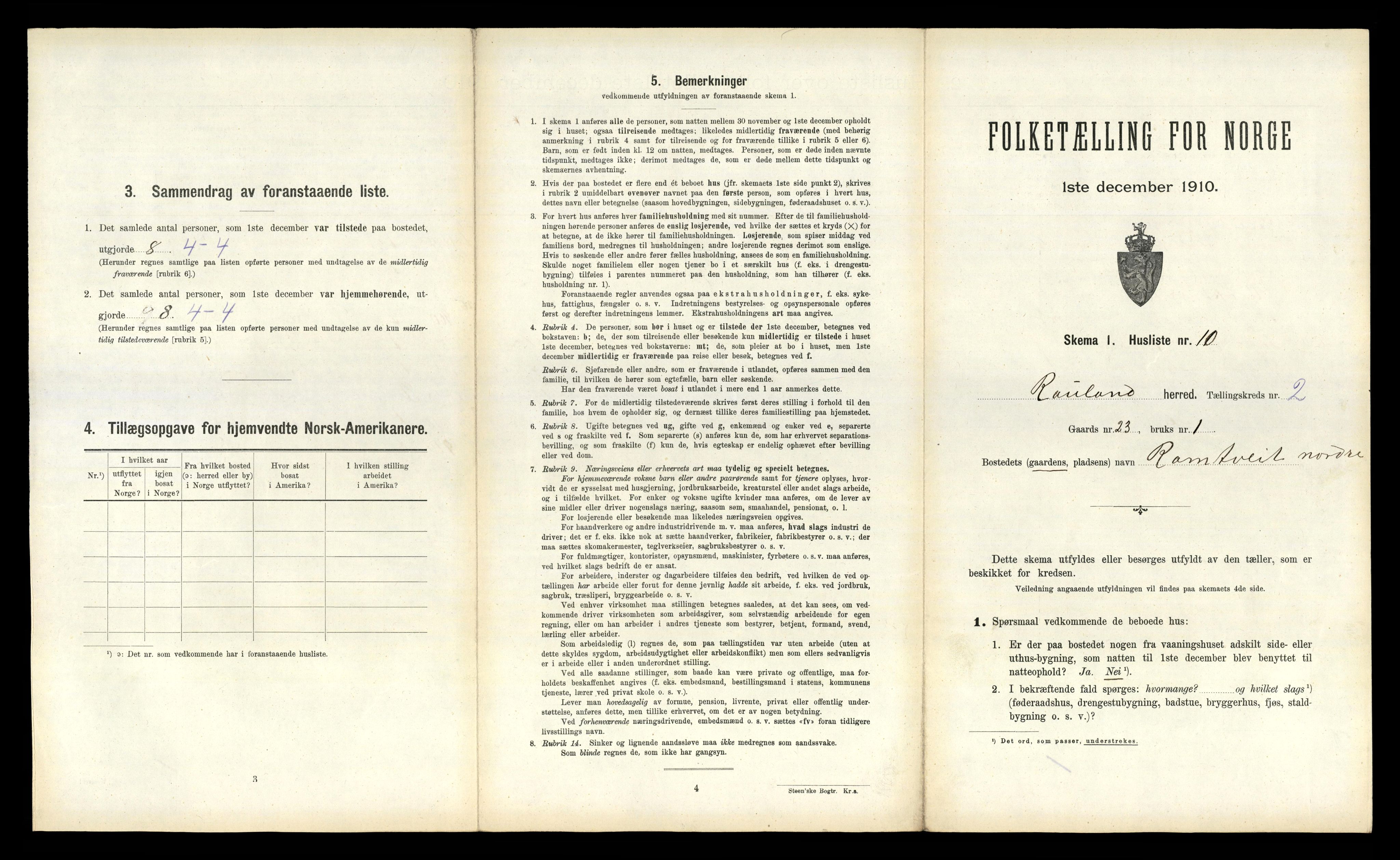 RA, 1910 census for Rauland, 1910, p. 105