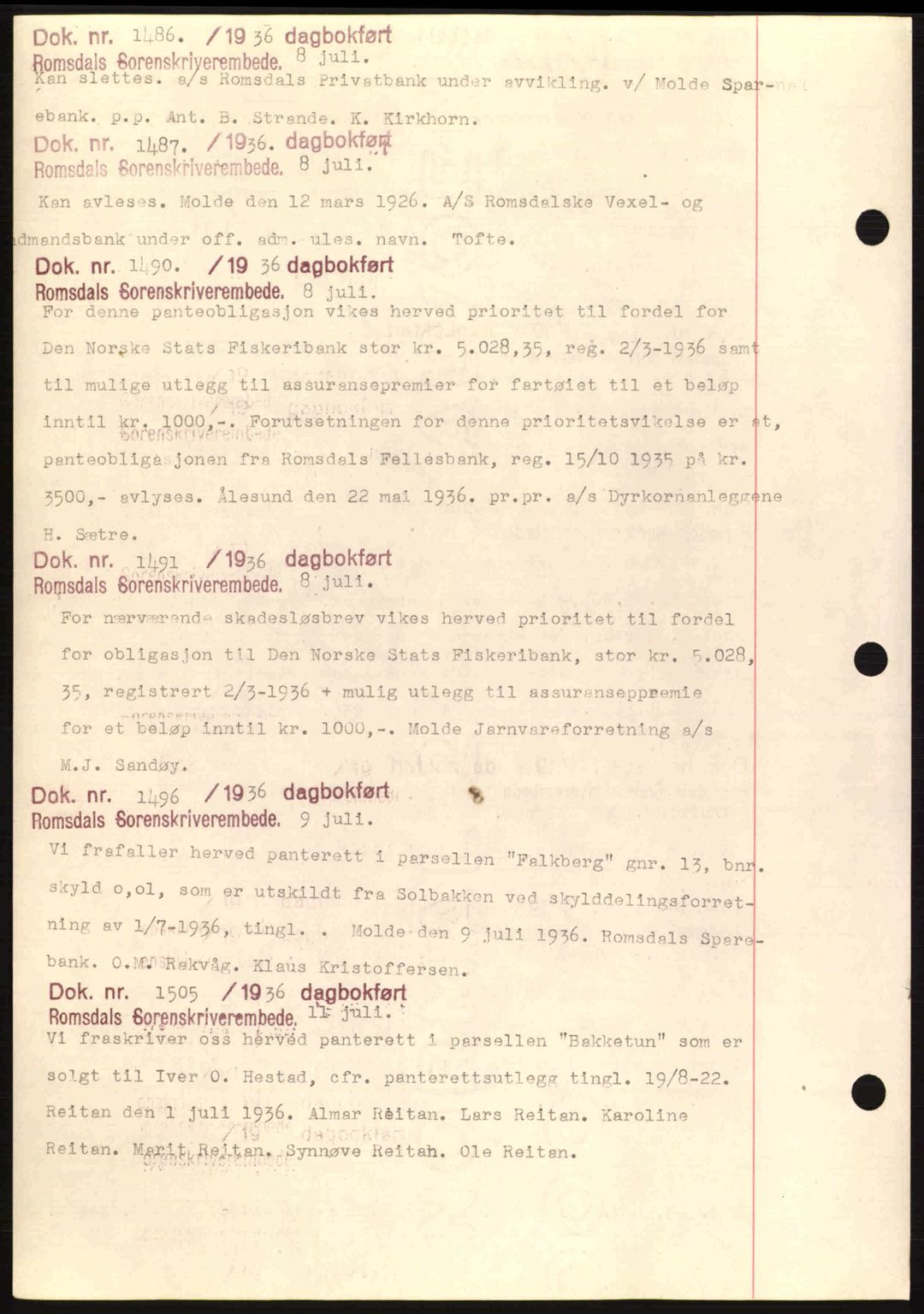 Romsdal sorenskriveri, AV/SAT-A-4149/1/2/2C: Mortgage book no. C1a, 1936-1945, Diary no: : 1486/1936