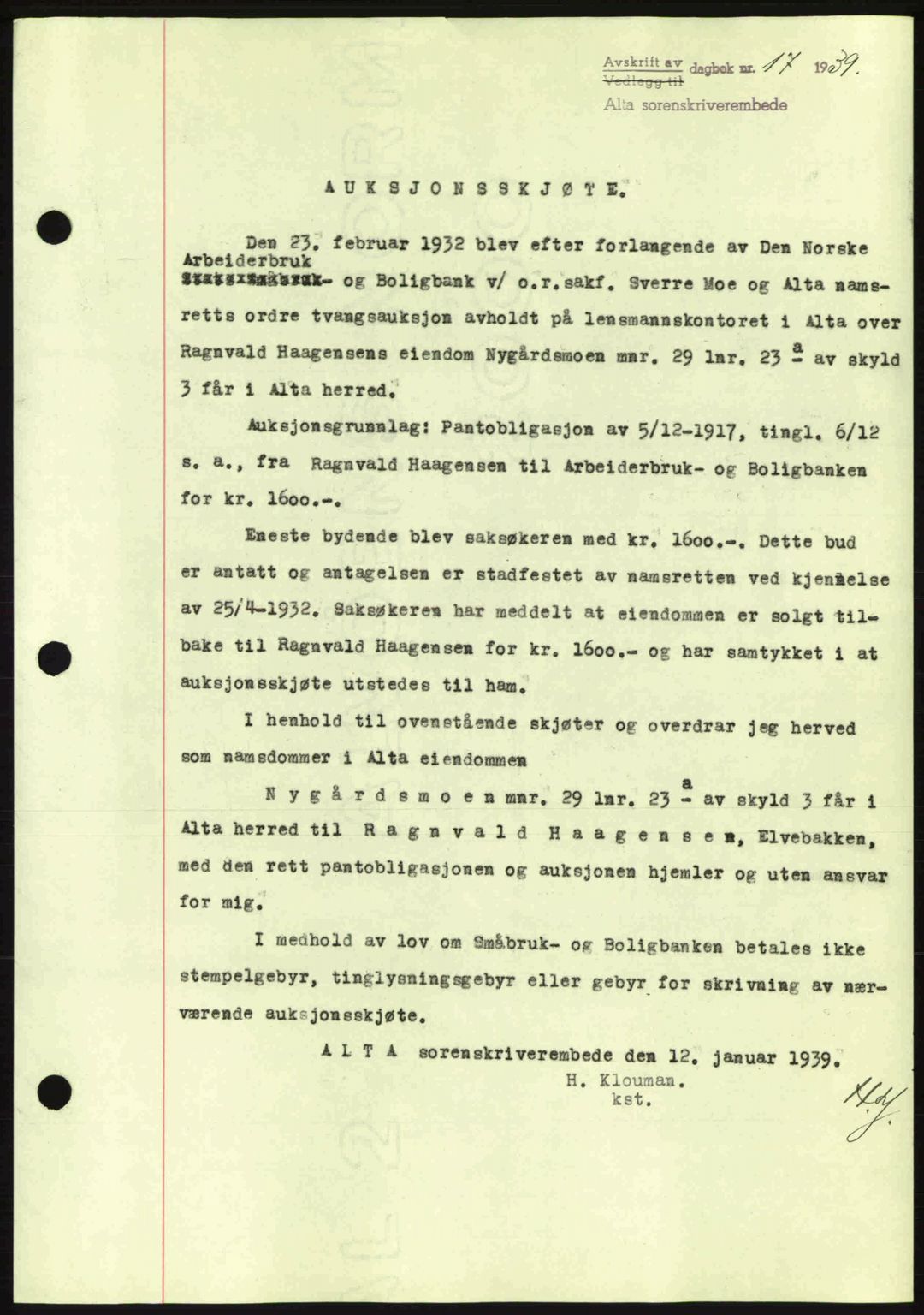Alta fogderi/sorenskriveri, SATØ/SATØ-5/1/K/Kd/L0031pantebok: Mortgage book no. 31, 1938-1939, Diary no: : 17/1939