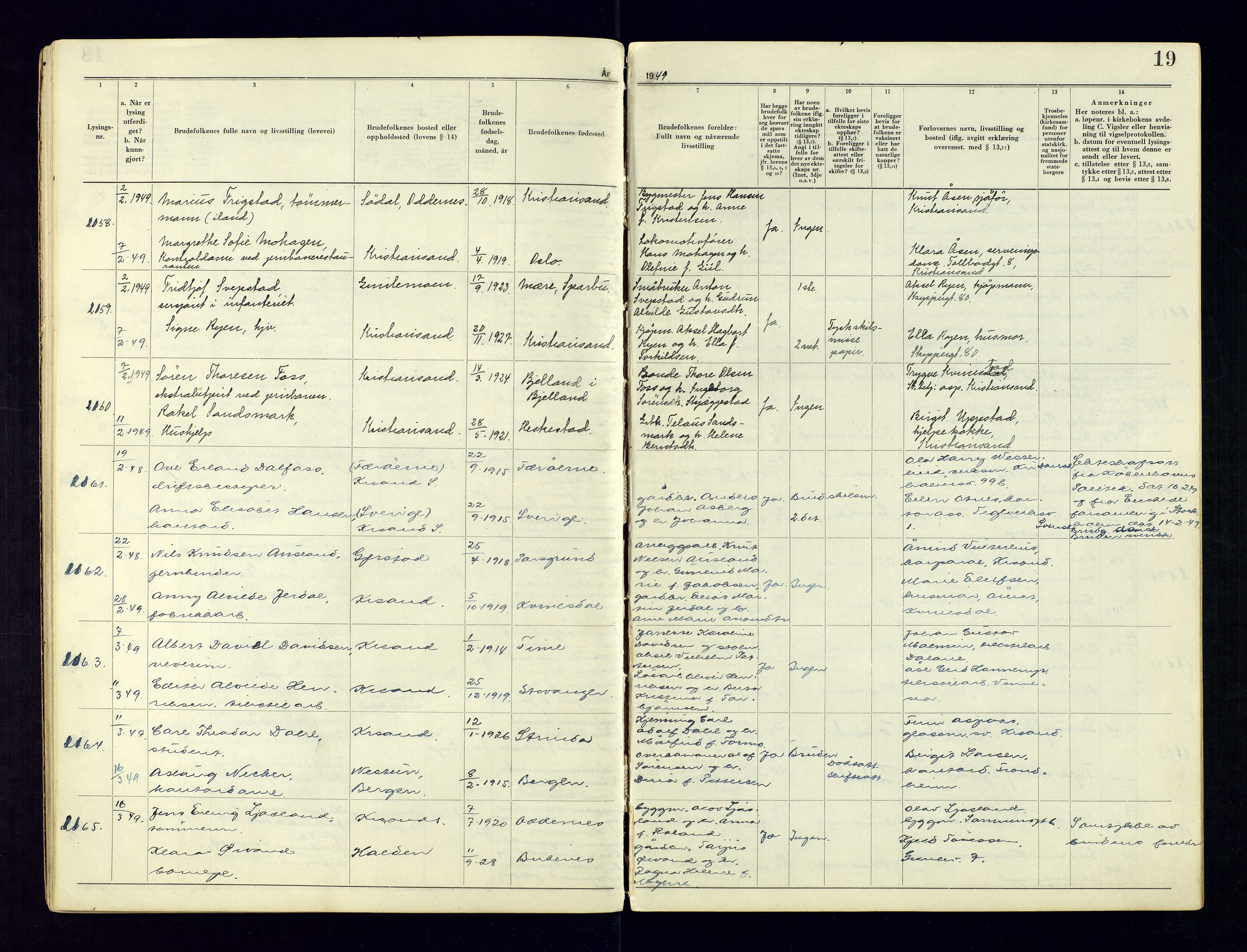 Kristiansand byrett - 2, AV/SAK-1223-0002/I/Ib/L0149/0004: Vigselbøker og lysningsbøker / Lysningsbok, 1946-1961, p. 19