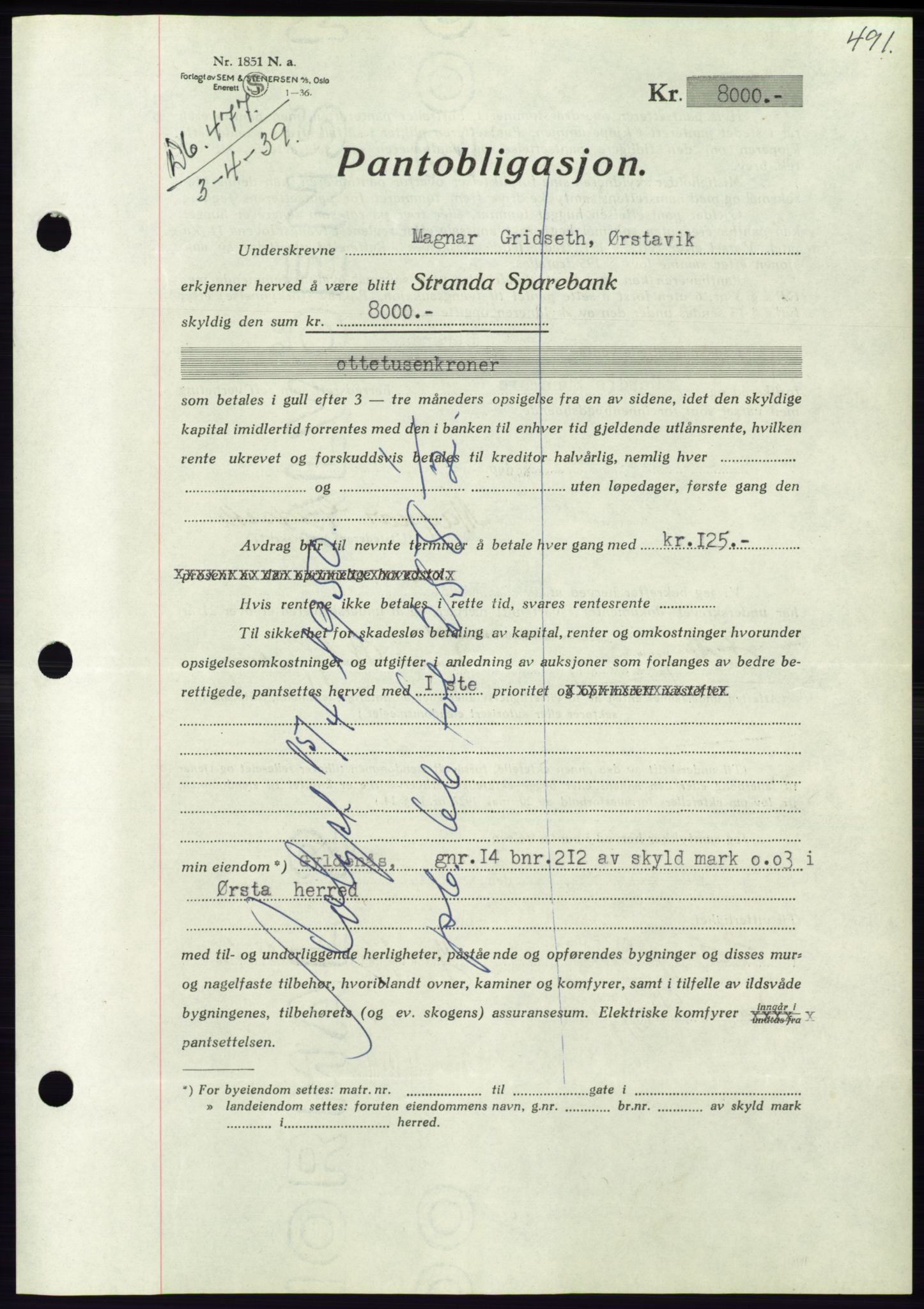 Søre Sunnmøre sorenskriveri, AV/SAT-A-4122/1/2/2C/L0067: Mortgage book no. 61, 1938-1939, Diary no: : 477/1939