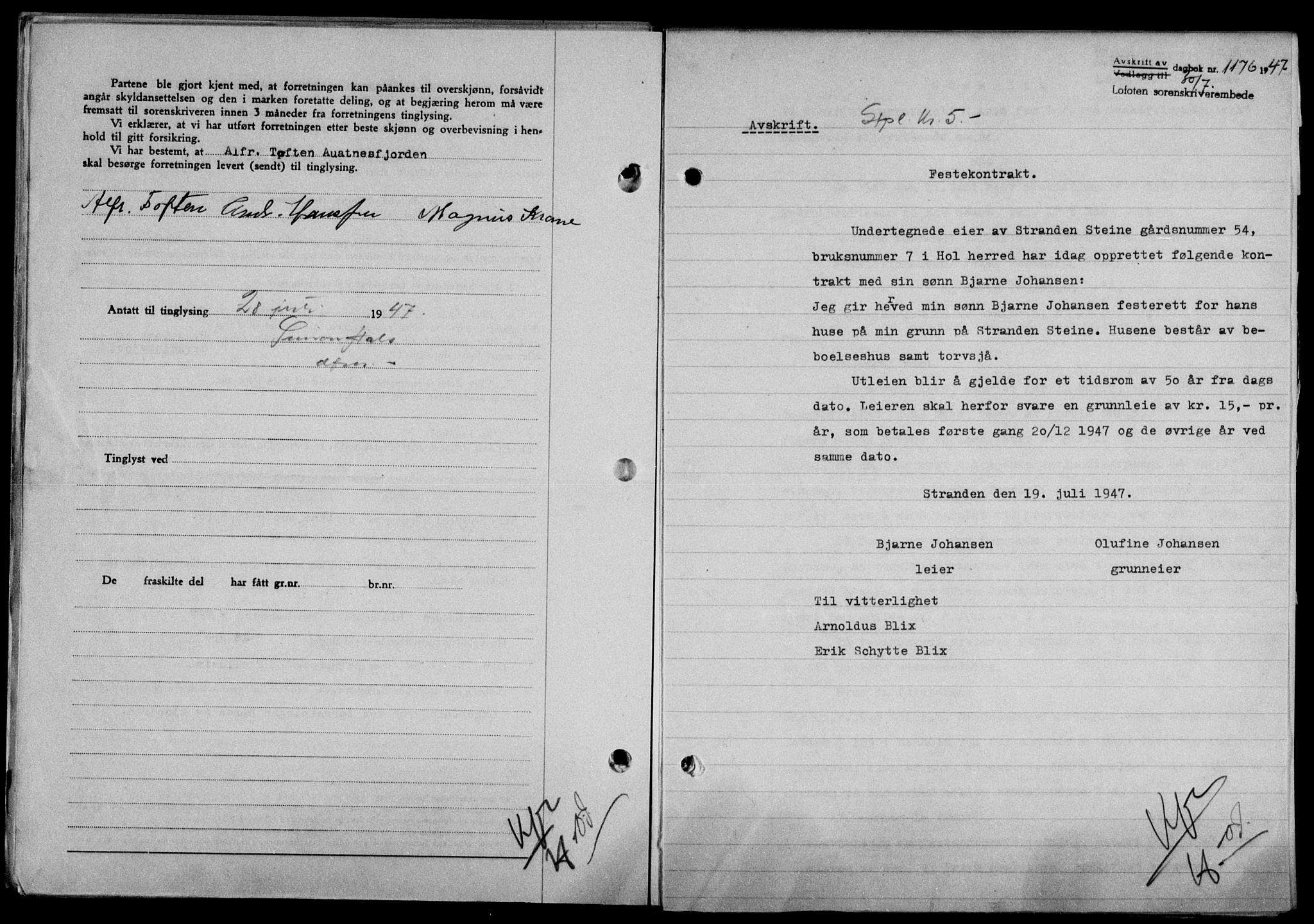 Lofoten sorenskriveri, SAT/A-0017/1/2/2C/L0016a: Mortgage book no. 16a, 1947-1947, Diary no: : 1176/1947