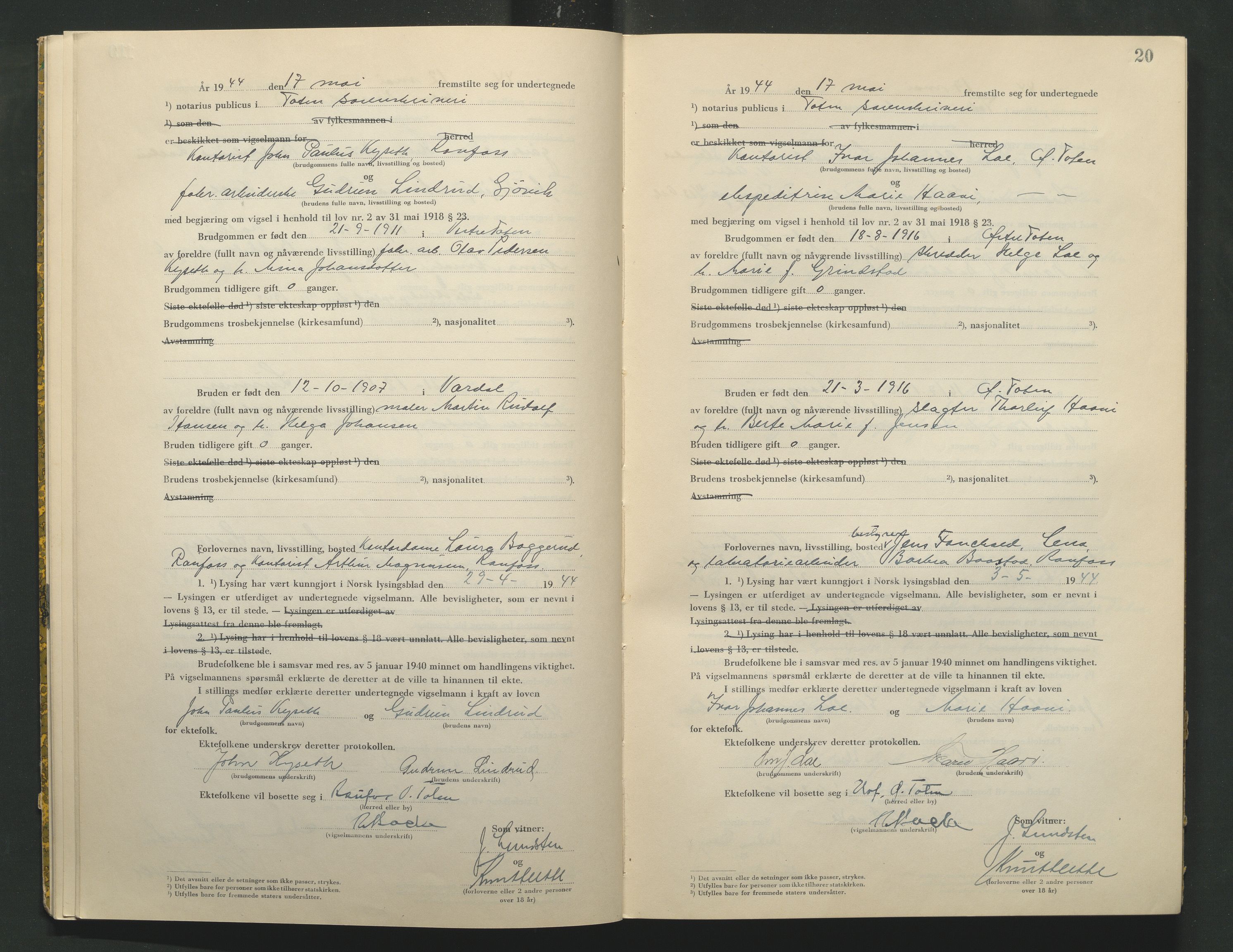 Toten tingrett, AV/SAH-TING-006/L/Lc/L0004: Vigselbok, 1944, p. 20