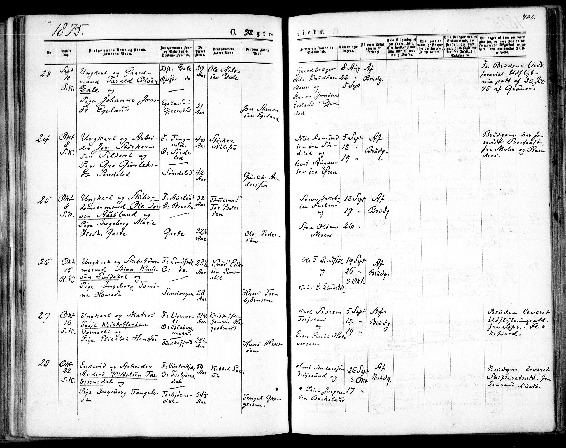 Søndeled sokneprestkontor, AV/SAK-1111-0038/F/Fa/L0003: Parish register (official) no. A 3, 1861-1879, p. 408