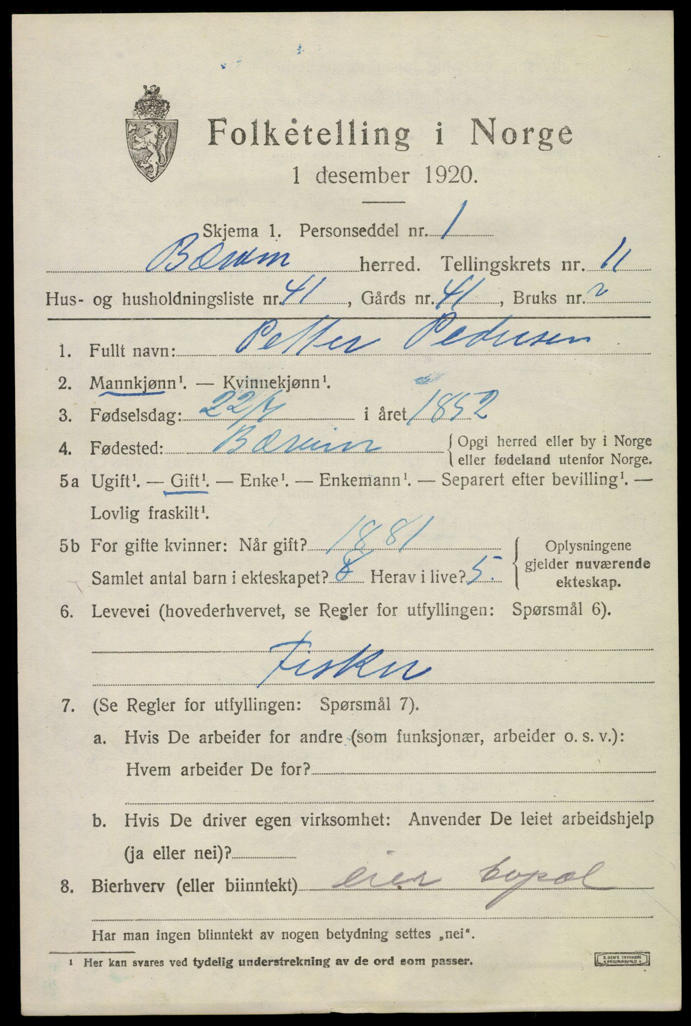 SAO, 1920 census for Bærum, 1920, p. 25162