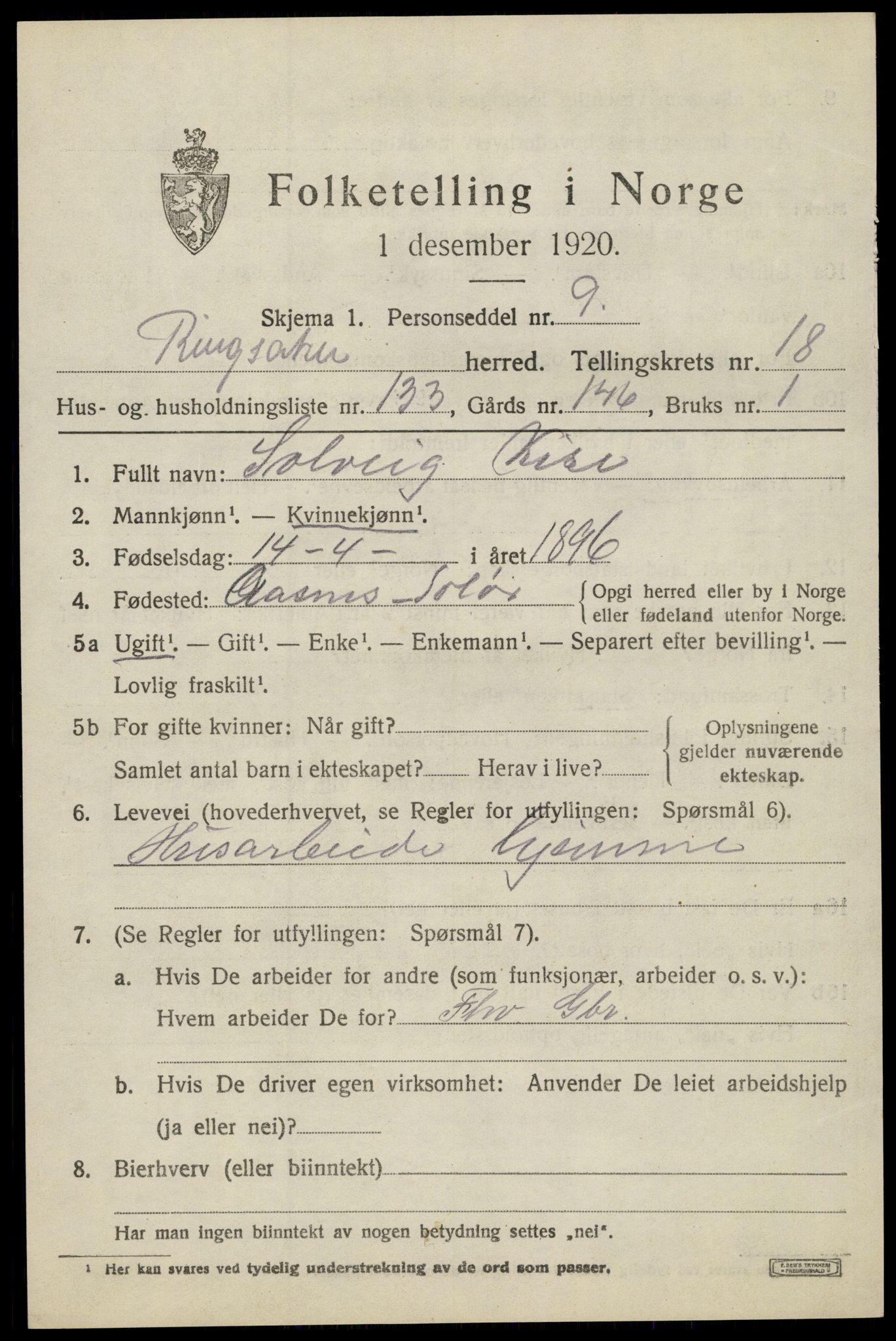 SAH, 1920 census for Ringsaker, 1920, p. 26572