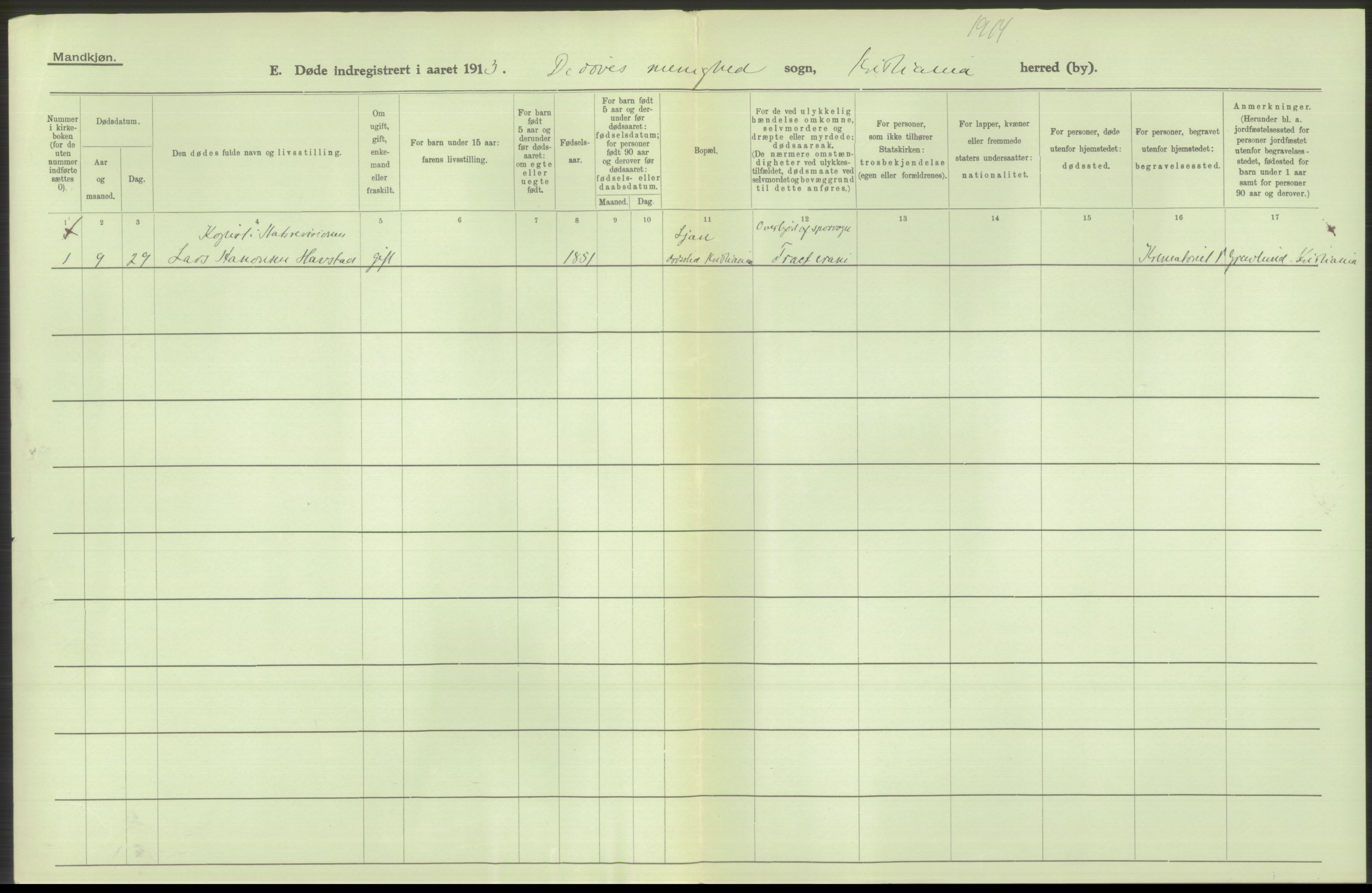 Statistisk sentralbyrå, Sosiodemografiske emner, Befolkning, RA/S-2228/D/Df/Dfb/Dfbc/L0010: Kristiania: Døde, dødfødte., 1913, p. 480