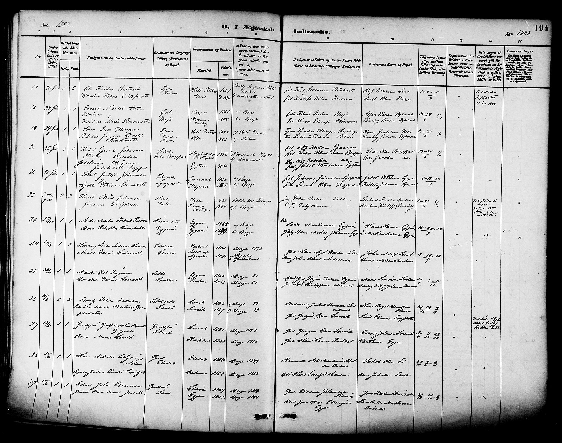 Ministerialprotokoller, klokkerbøker og fødselsregistre - Nordland, AV/SAT-A-1459/880/L1133: Parish register (official) no. 880A07, 1888-1898, p. 194