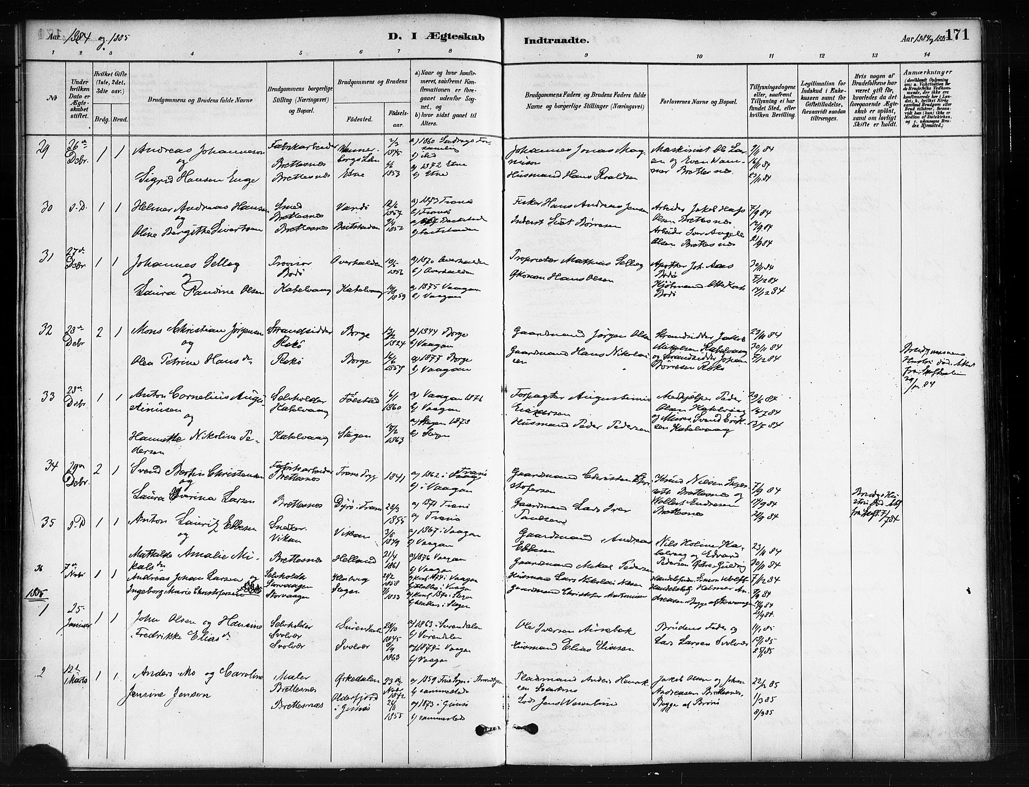 Ministerialprotokoller, klokkerbøker og fødselsregistre - Nordland, SAT/A-1459/874/L1059: Parish register (official) no. 874A03, 1884-1890, p. 171