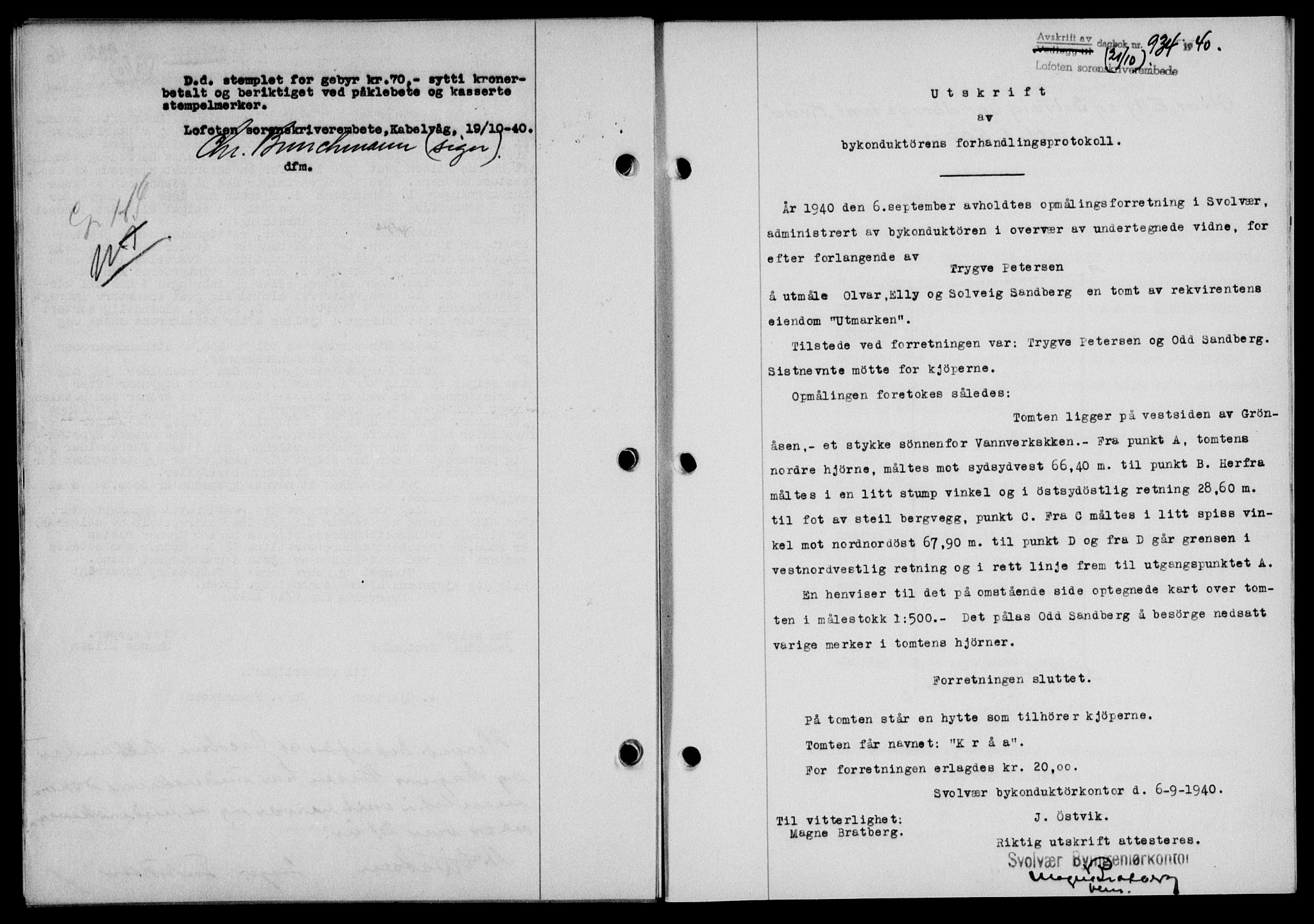 Lofoten sorenskriveri, SAT/A-0017/1/2/2C/L0007a: Mortgage book no. 7a, 1939-1940, Diary no: : 934/1940
