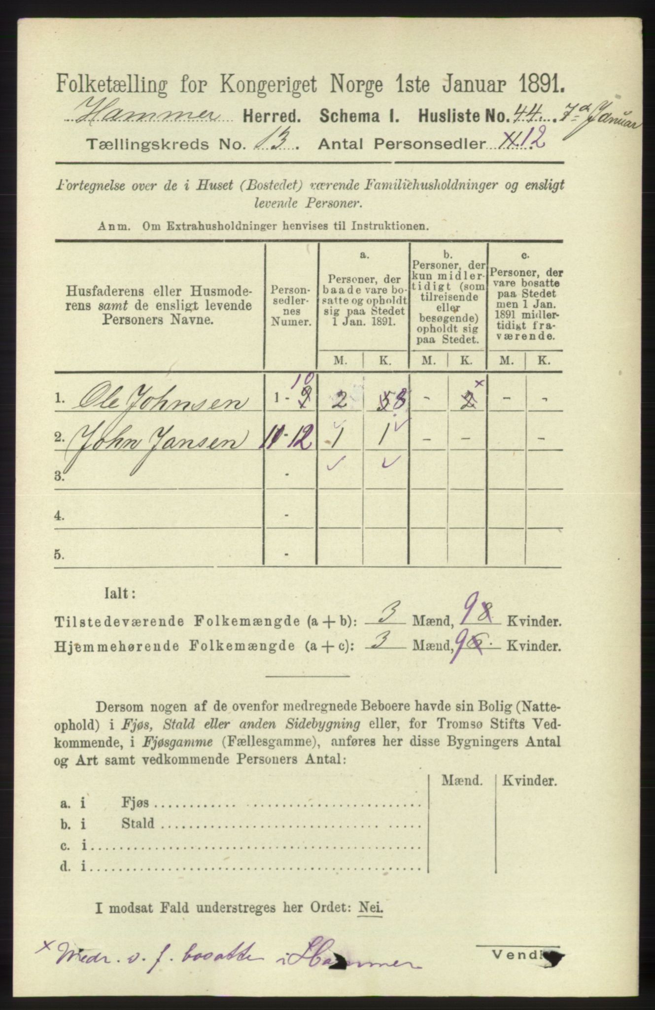 RA, 1891 census for 1254 Hamre, 1891, p. 3988