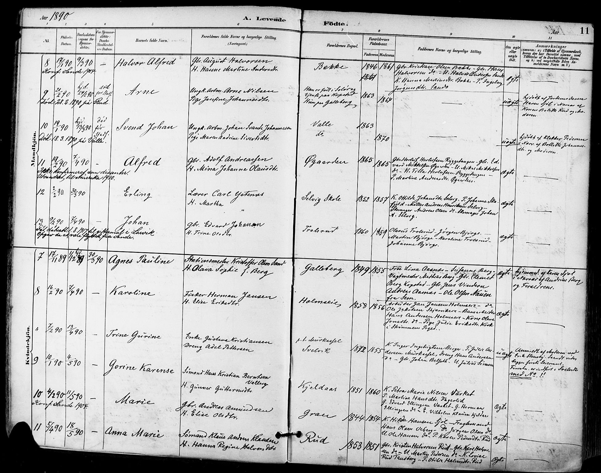 Sande Kirkebøker, AV/SAKO-A-53/F/Fa/L0007: Parish register (official) no. 7, 1888-1903, p. 11