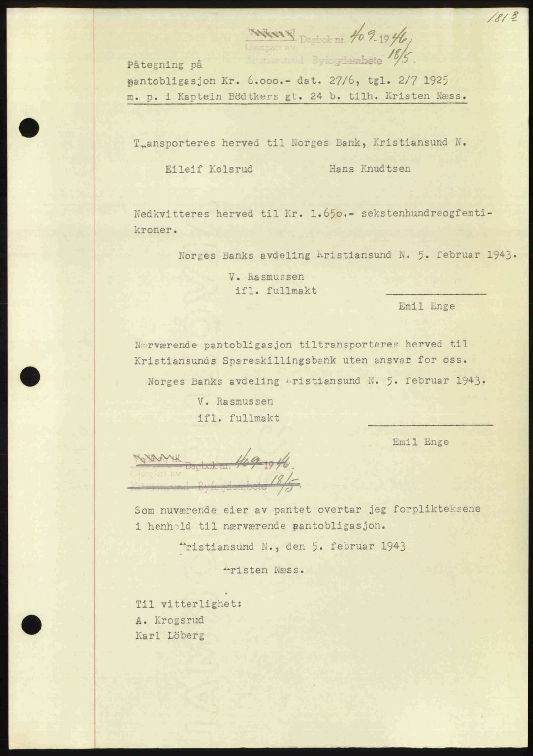 Kristiansund byfogd, AV/SAT-A-4587/A/27: Mortgage book no. 40, 1946-1946, Diary no: : 409/1946