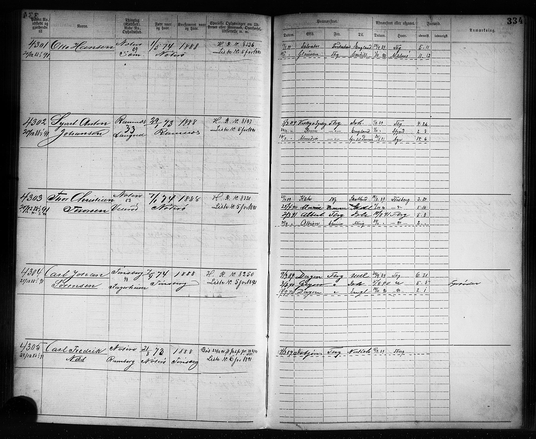 Tønsberg innrulleringskontor, SAKO/A-786/F/Fb/L0007: Annotasjonsrulle Patent nr. 2636-5150, 1881-1892, p. 335