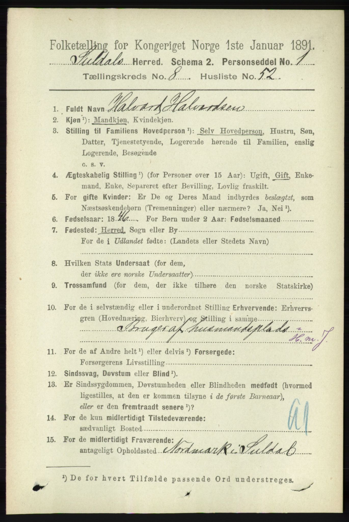 RA, 1891 census for 1134 Suldal, 1891, p. 2609