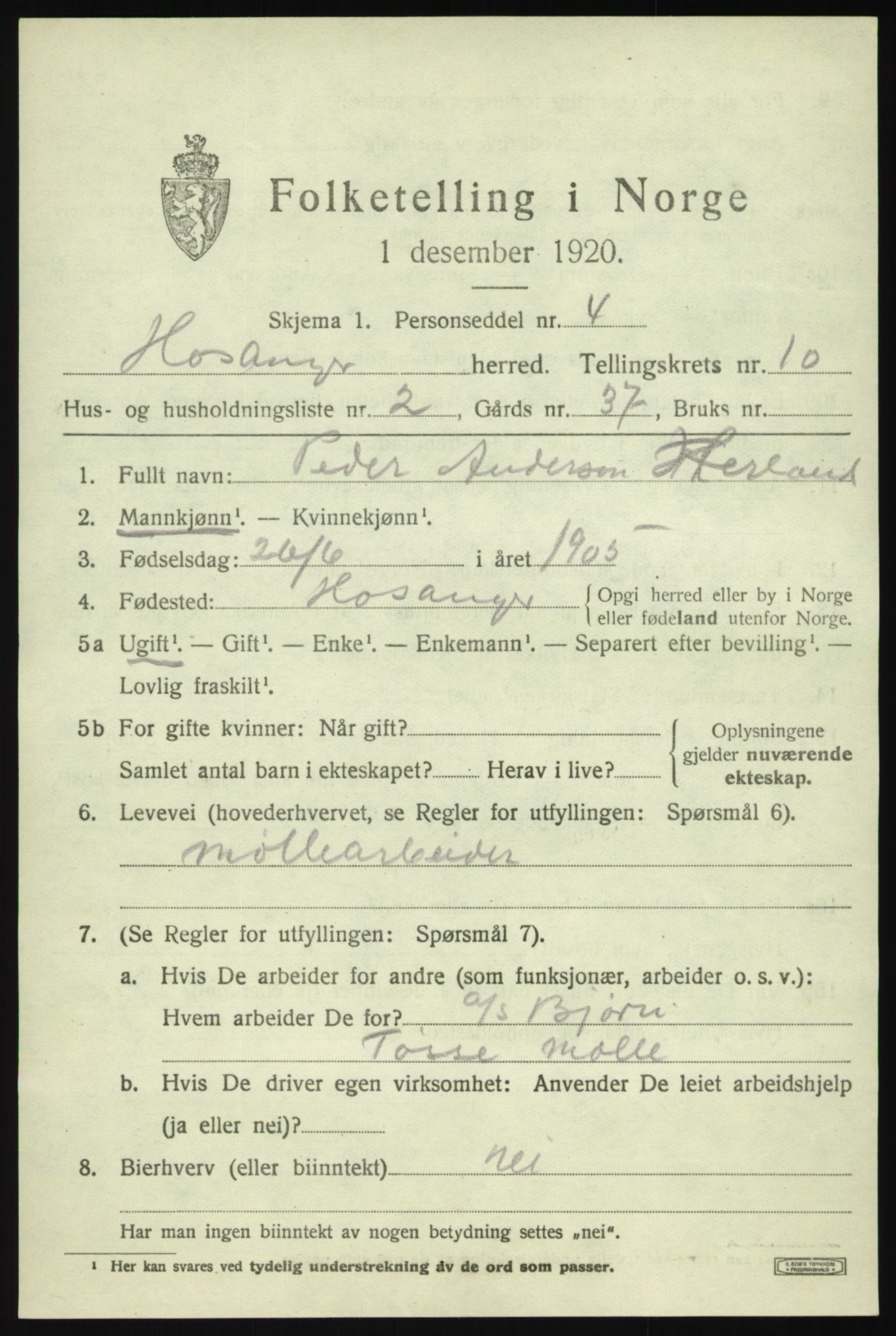 SAB, 1920 census for Hosanger, 1920, p. 4217