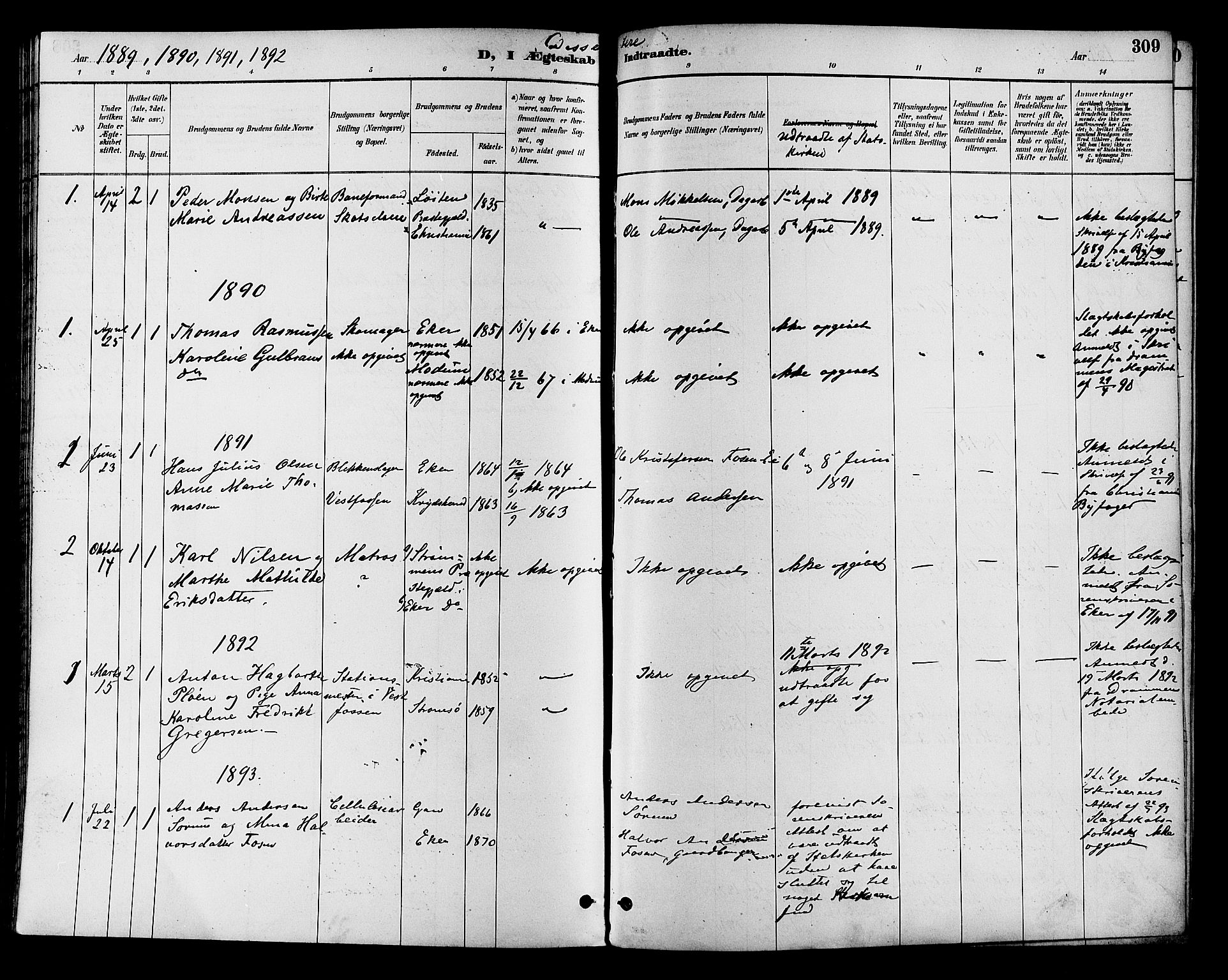 Eiker kirkebøker, SAKO/A-4/F/Fb/L0002: Parish register (official) no. II 2, 1889-1896, p. 309