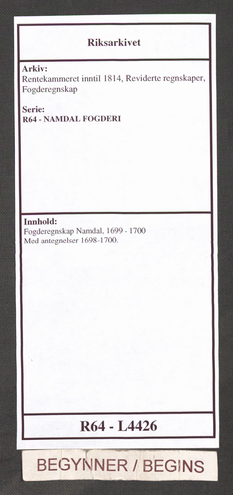 Rentekammeret inntil 1814, Reviderte regnskaper, Fogderegnskap, AV/RA-EA-4092/R64/L4426: Fogderegnskap Namdal, 1699-1700, p. 1