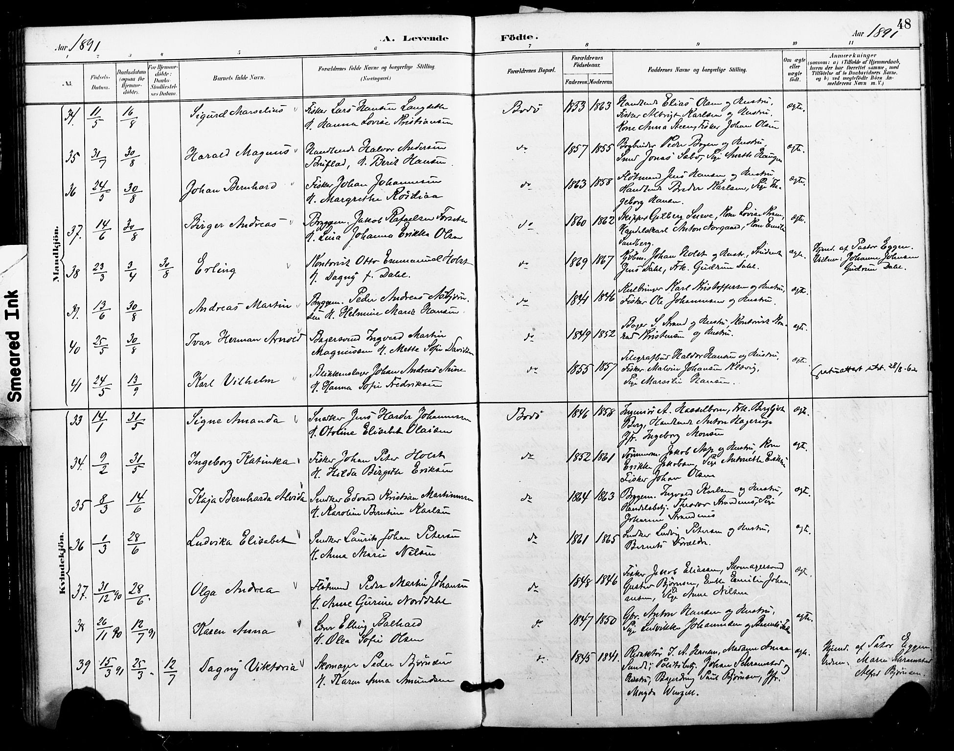 Ministerialprotokoller, klokkerbøker og fødselsregistre - Nordland, AV/SAT-A-1459/801/L0010: Parish register (official) no. 801A10, 1888-1899, p. 48