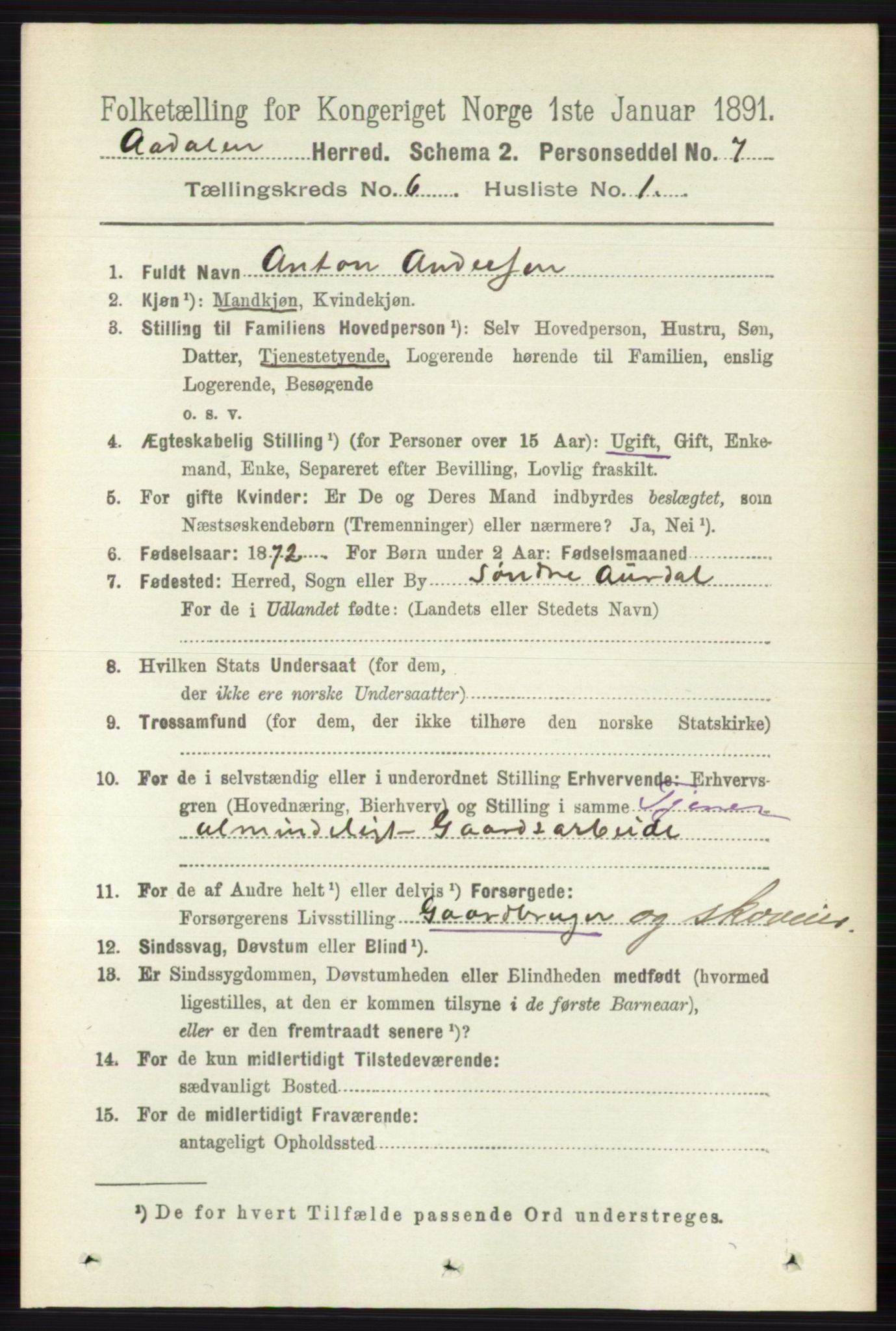 RA, 1891 census for 0614 Ådal, 1891, p. 2613