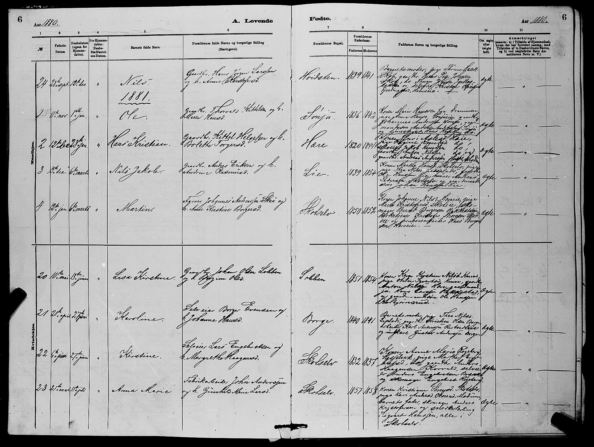 Eiker kirkebøker, AV/SAKO-A-4/G/Gb/L0003: Parish register (copy) no. II 3, 1880-1893, p. 6