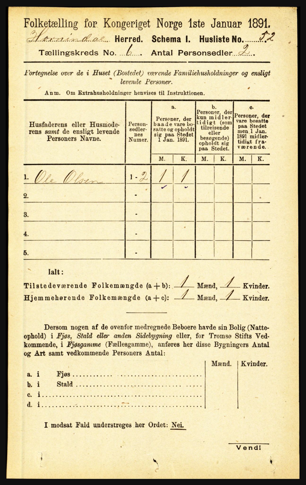 RA, 1891 census for 1444 Hornindal, 1891, p. 1399