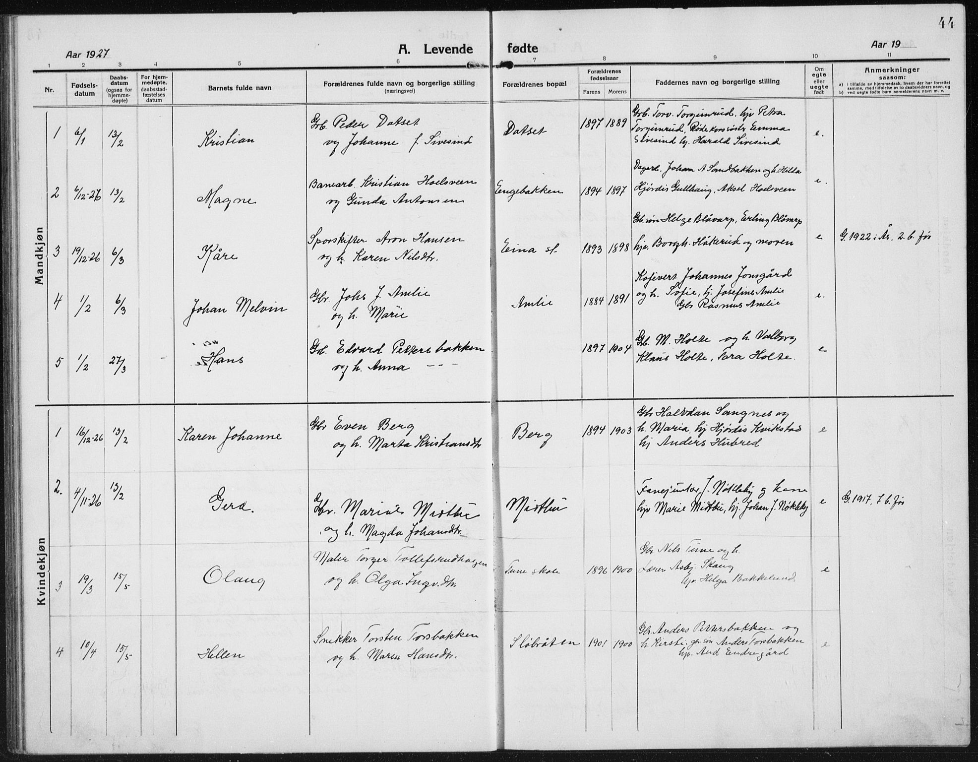 Kolbu prestekontor, SAH/PREST-110/H/Ha/Hab/L0006: Parish register (copy) no. 6, 1916-1934, p. 44