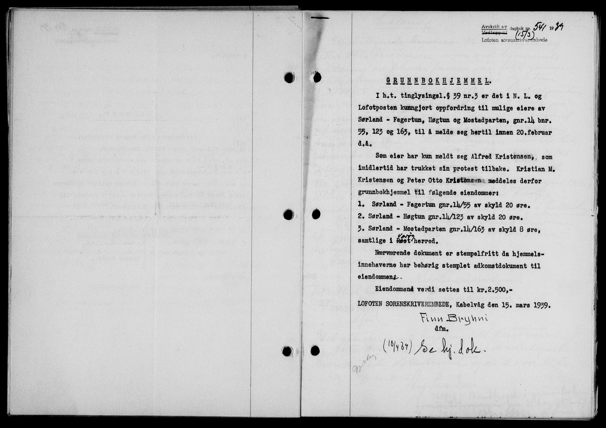 Lofoten sorenskriveri, SAT/A-0017/1/2/2C/L0005a: Mortgage book no. 5a, 1939-1939, Diary no: : 541/1939