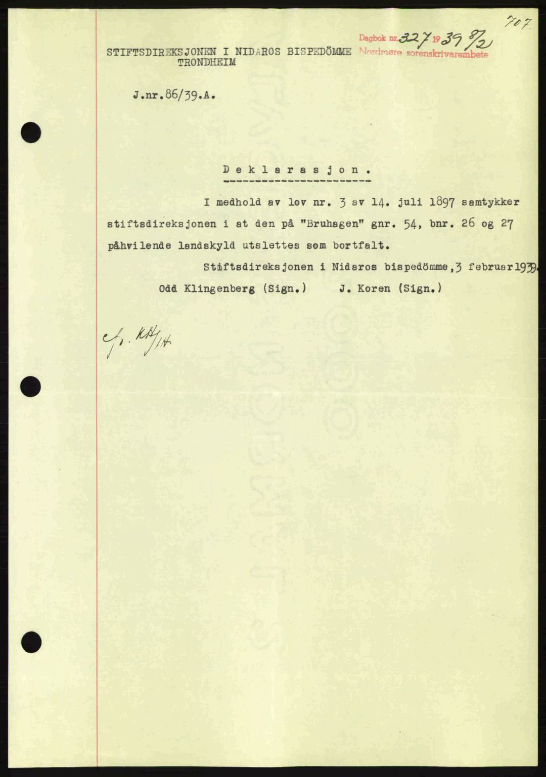 Nordmøre sorenskriveri, SAT/A-4132/1/2/2Ca: Mortgage book no. B84, 1938-1939, Diary no: : 327/1939