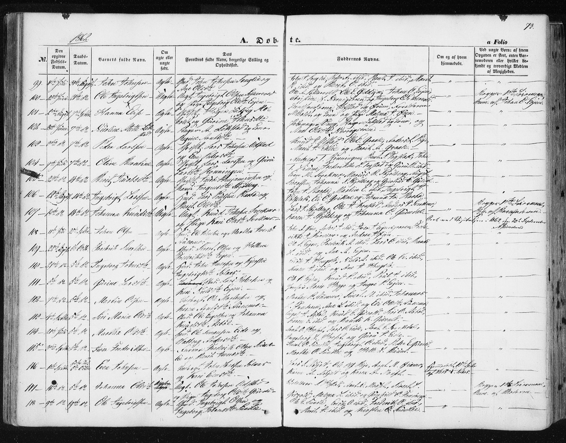 Ministerialprotokoller, klokkerbøker og fødselsregistre - Sør-Trøndelag, SAT/A-1456/668/L0806: Parish register (official) no. 668A06, 1854-1869, p. 73