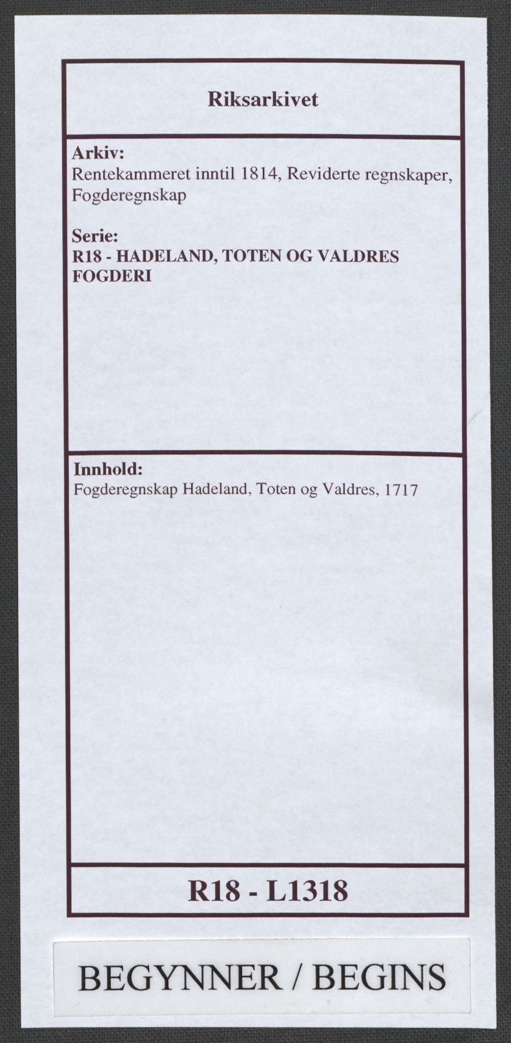 Rentekammeret inntil 1814, Reviderte regnskaper, Fogderegnskap, AV/RA-EA-4092/R18/L1318: Fogderegnskap Hadeland, Toten og Valdres, 1717, p. 1