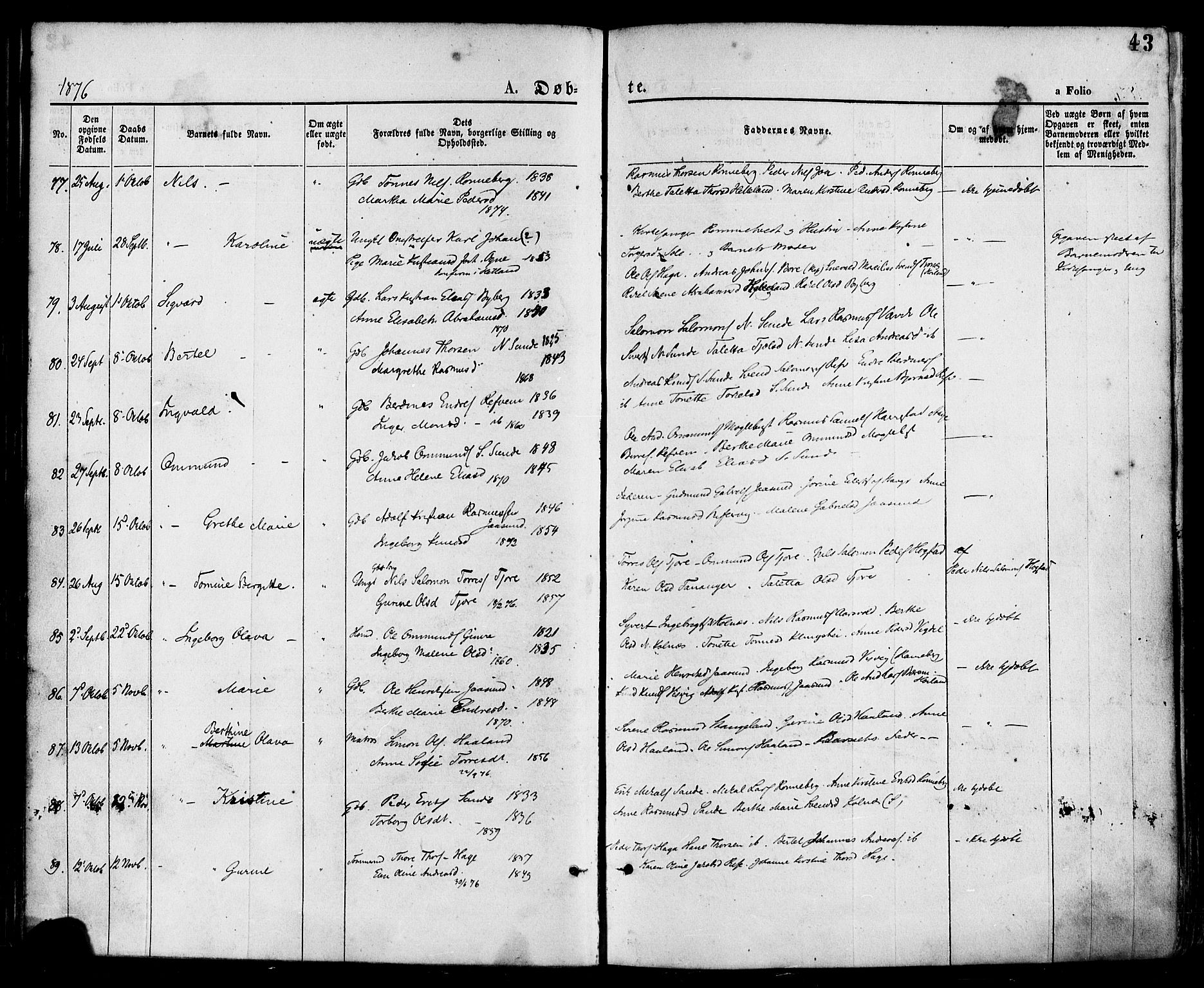 Håland sokneprestkontor, AV/SAST-A-101802/001/30BA/L0009: Parish register (official) no. A 8, 1871-1882, p. 43