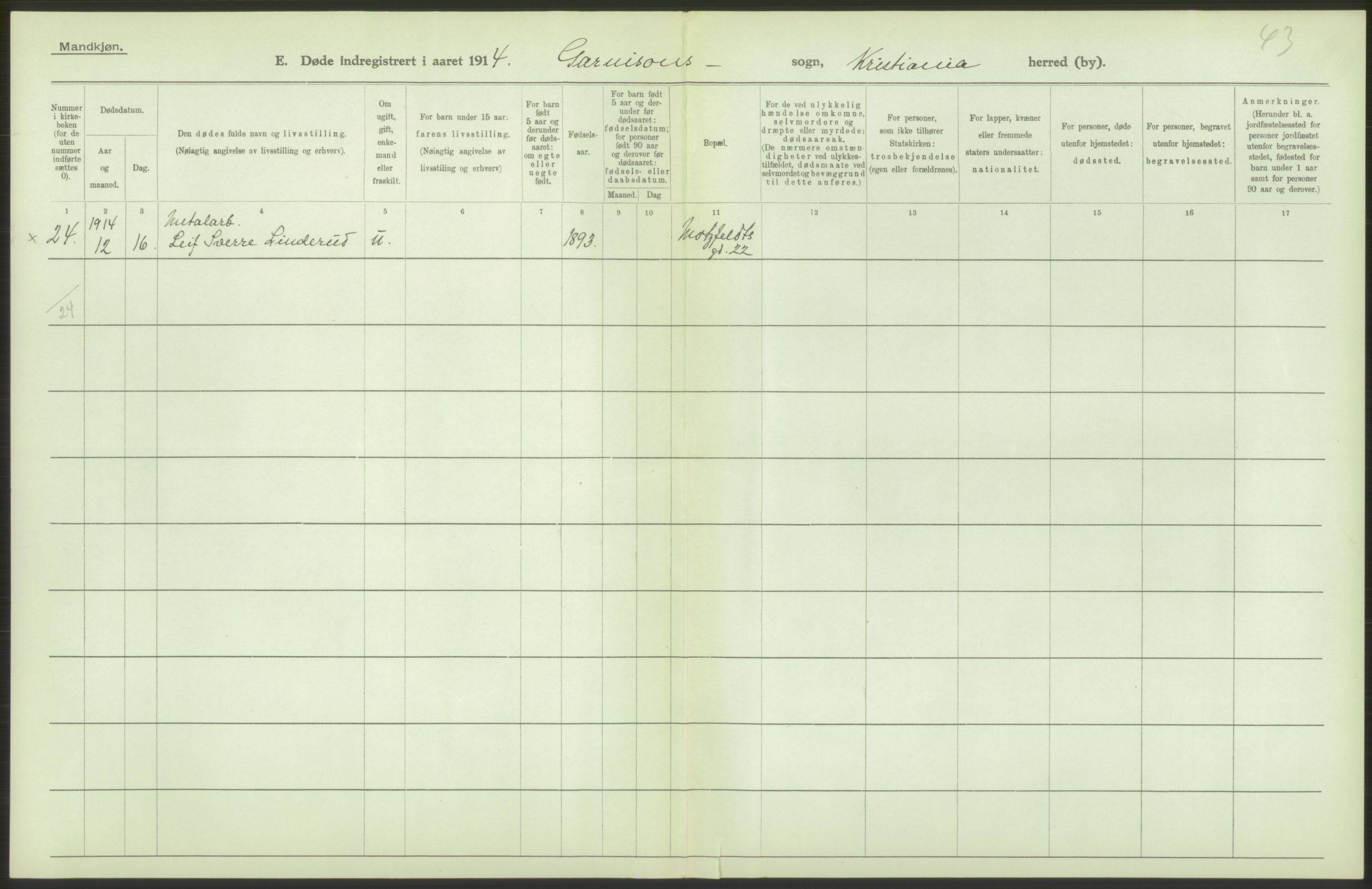 Statistisk sentralbyrå, Sosiodemografiske emner, Befolkning, AV/RA-S-2228/D/Df/Dfb/Dfbd/L0008: Kristiania: Døde, 1914, p. 2