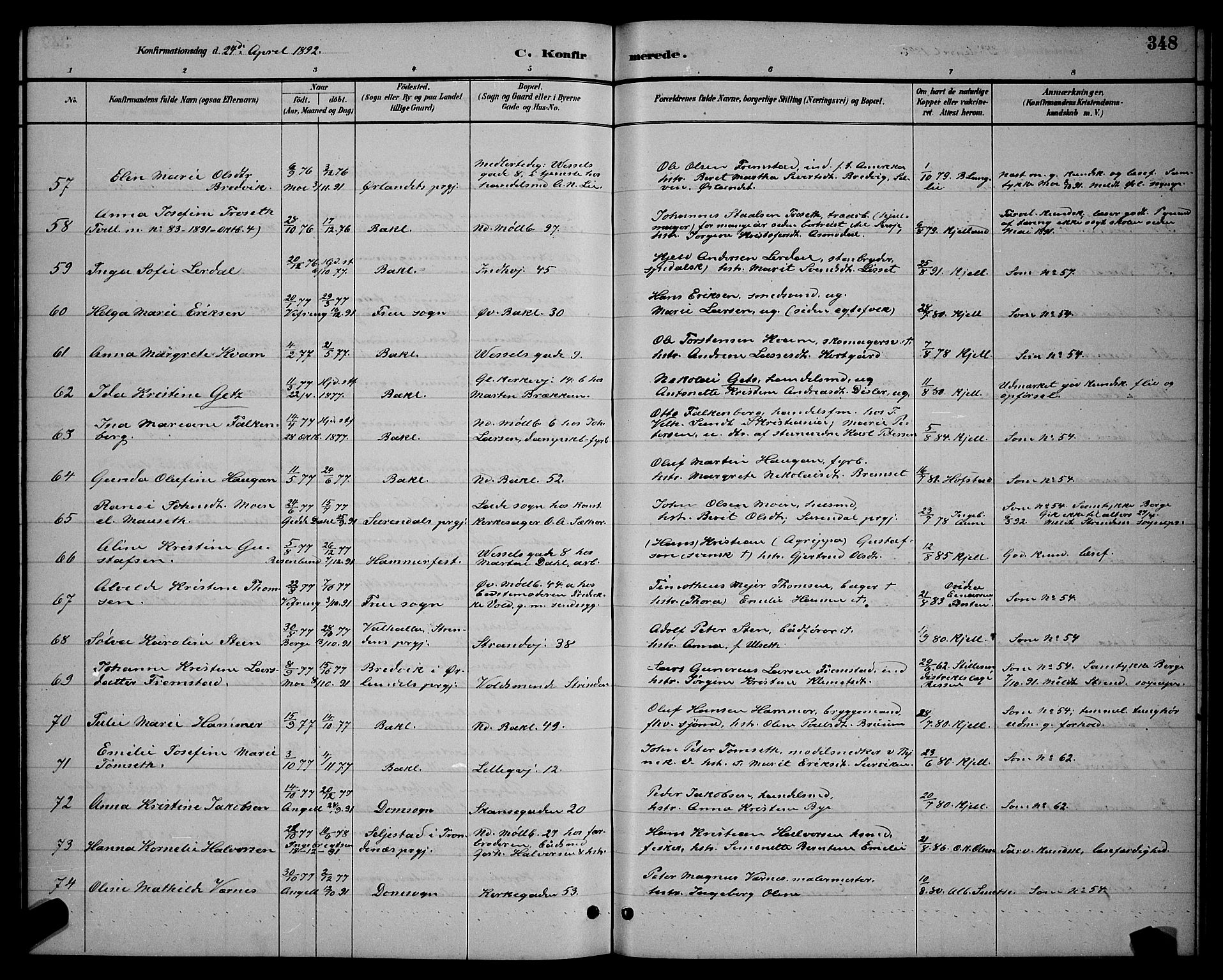 Ministerialprotokoller, klokkerbøker og fødselsregistre - Sør-Trøndelag, SAT/A-1456/604/L0222: Parish register (copy) no. 604C05, 1886-1895, p. 348