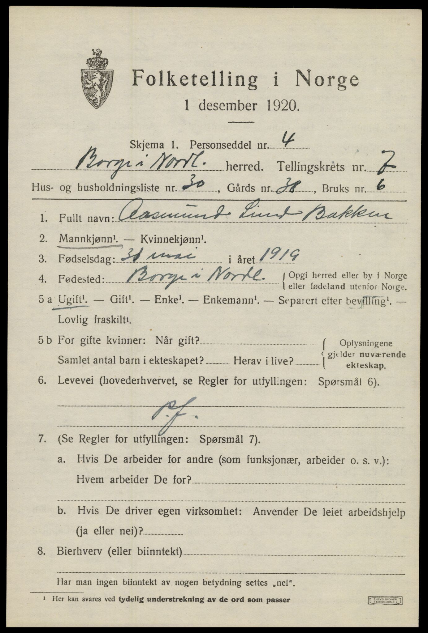 SAT, 1920 census for Borge, 1920, p. 6743