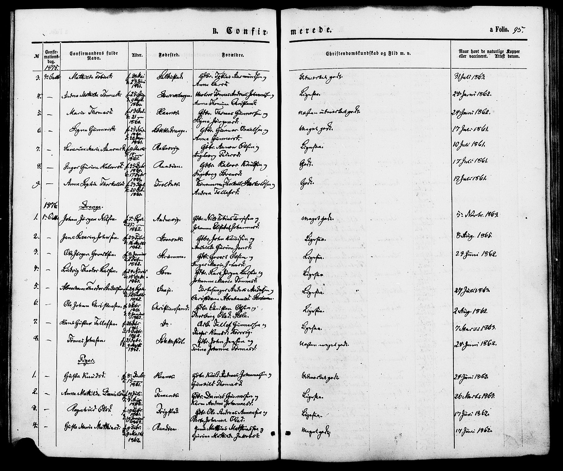 Oddernes sokneprestkontor, SAK/1111-0033/F/Fa/Fab/L0001: Parish register (official) no. A 1, 1865-1884, p. 95
