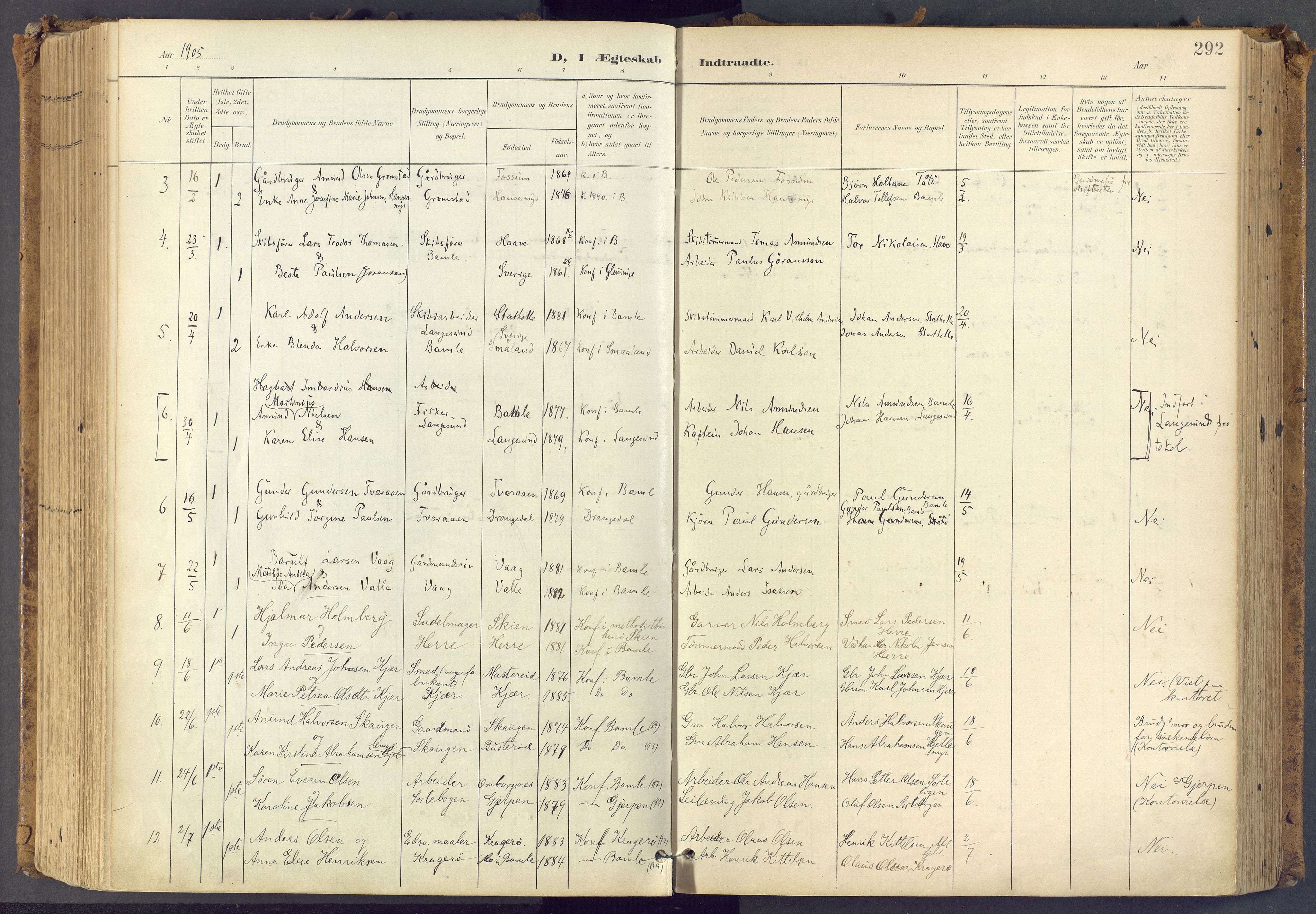 Bamble kirkebøker, SAKO/A-253/F/Fa/L0009: Parish register (official) no. I 9, 1901-1917, p. 292