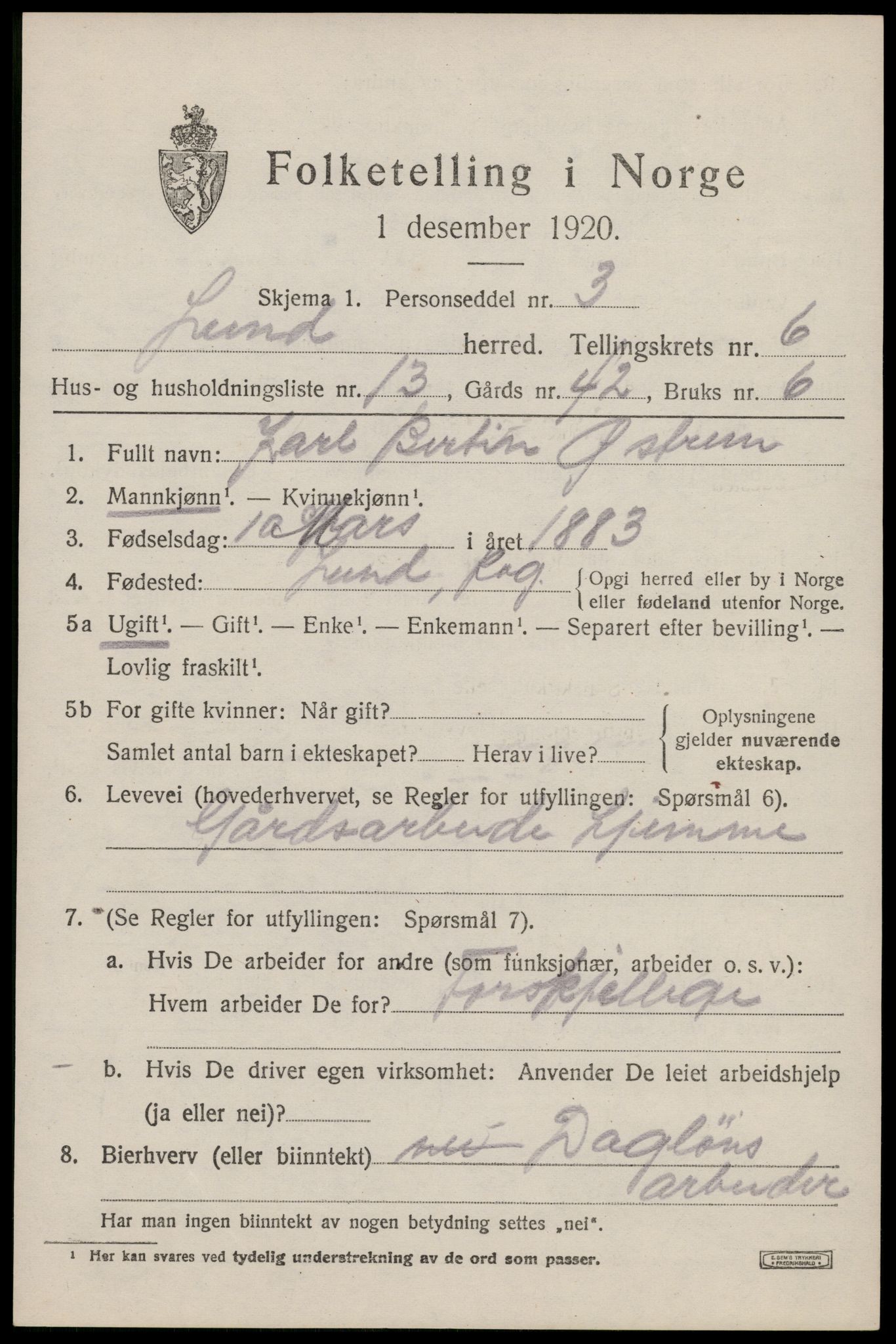 SAST, 1920 census for Lund, 1920, p. 4024