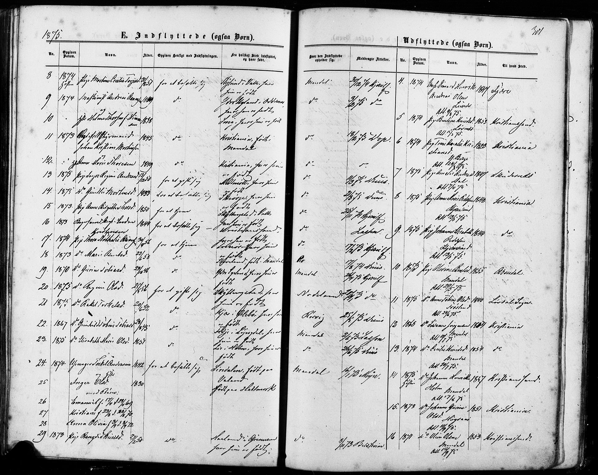 Mandal sokneprestkontor, SAK/1111-0030/F/Fa/Faa/L0015: Parish register (official) no. A 15, 1873-1879, p. 301