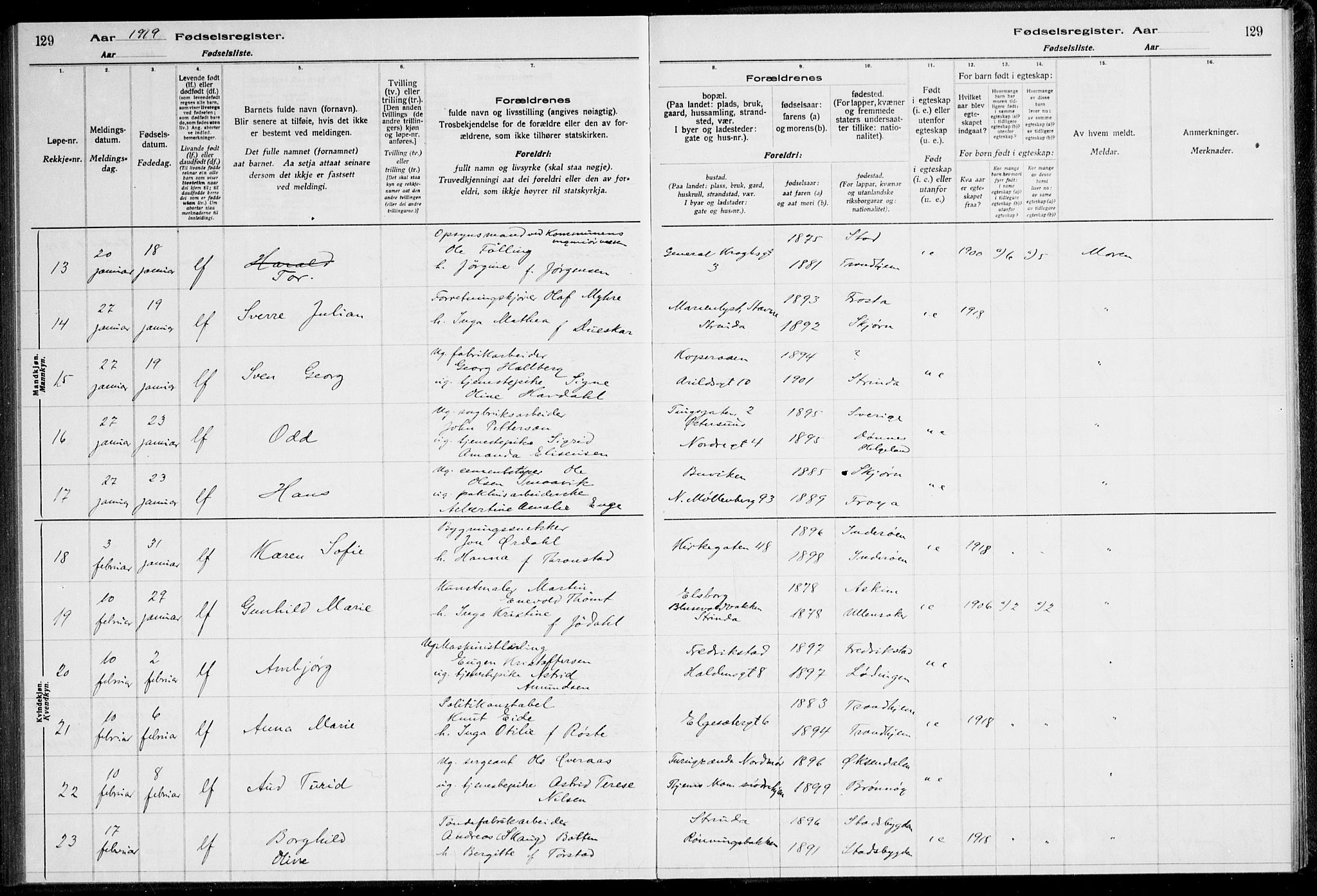 Ministerialprotokoller, klokkerbøker og fødselsregistre - Sør-Trøndelag, AV/SAT-A-1456/600/L0002: Birth register no. 600.II.4.1, 1916-1920, p. 129